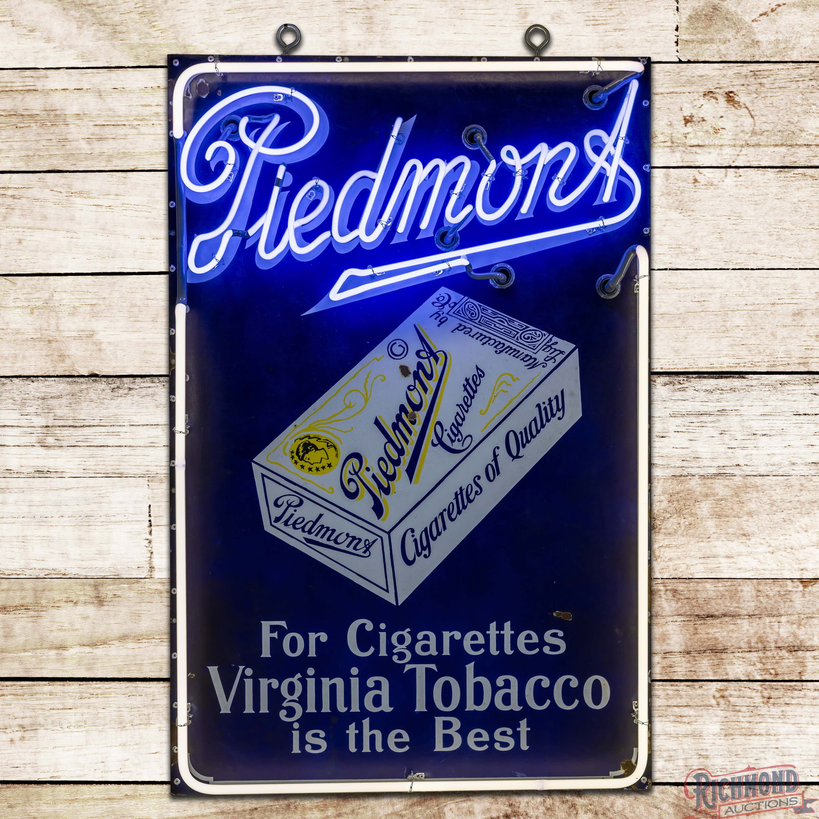 Piedmont Tobacco Cigarette of Quality 4' Single Sided Porcelain Neon Sign: SSP (Single Sided Porcelain) sign with added neon and a new metal can has very good color and gloss. The sign features vibrant two-color neon with a Piedmont Cigarette pack graphic in the center field