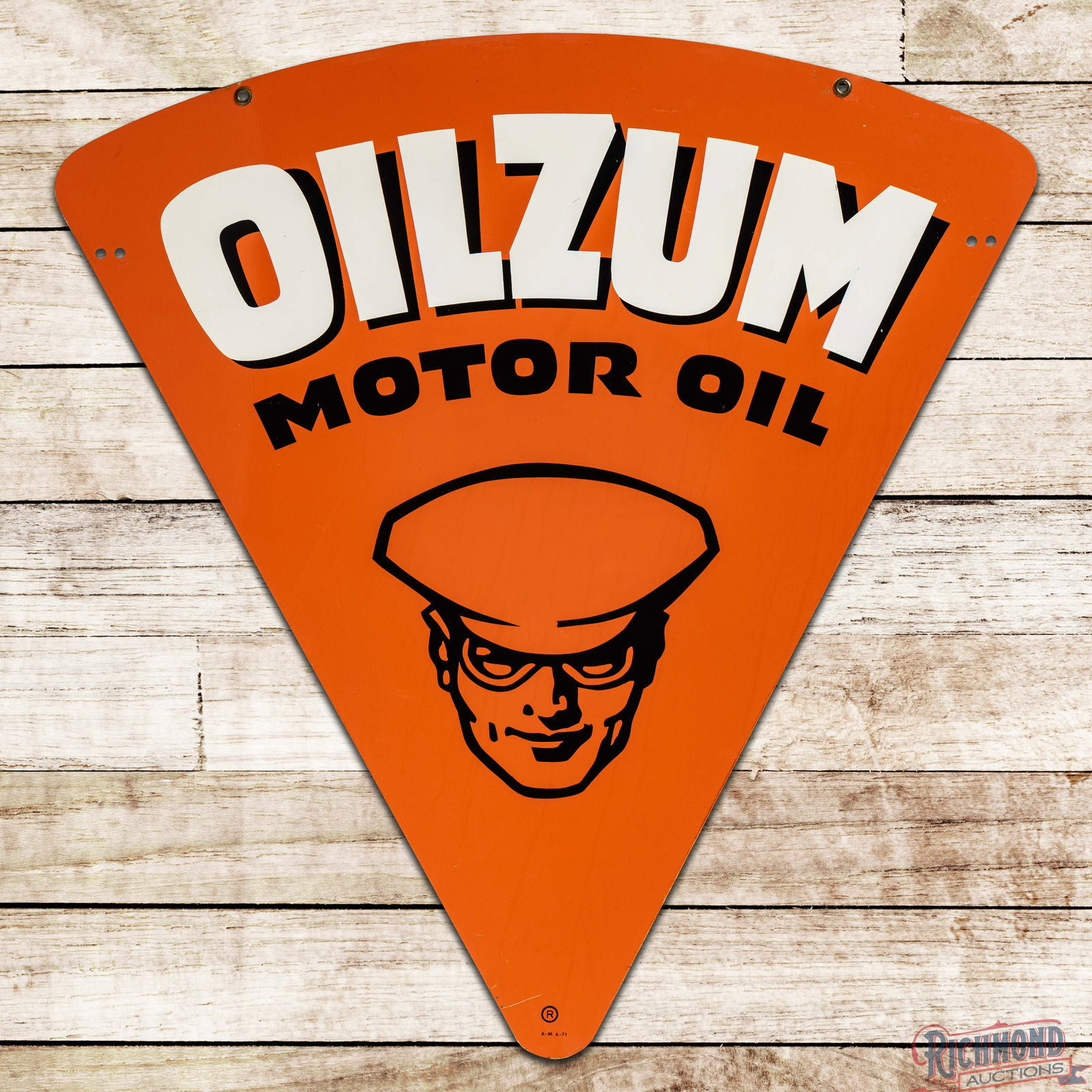 1971 Oilzum Motor Oil Double Sided Tin Sign w/ Oswald: DST (Double Sided Tin) sign has excellent color and shine. Side #1 is very clean overall with light wear and factory imperfections in the fields. The perimeter has a scratch on the lower left edge wit