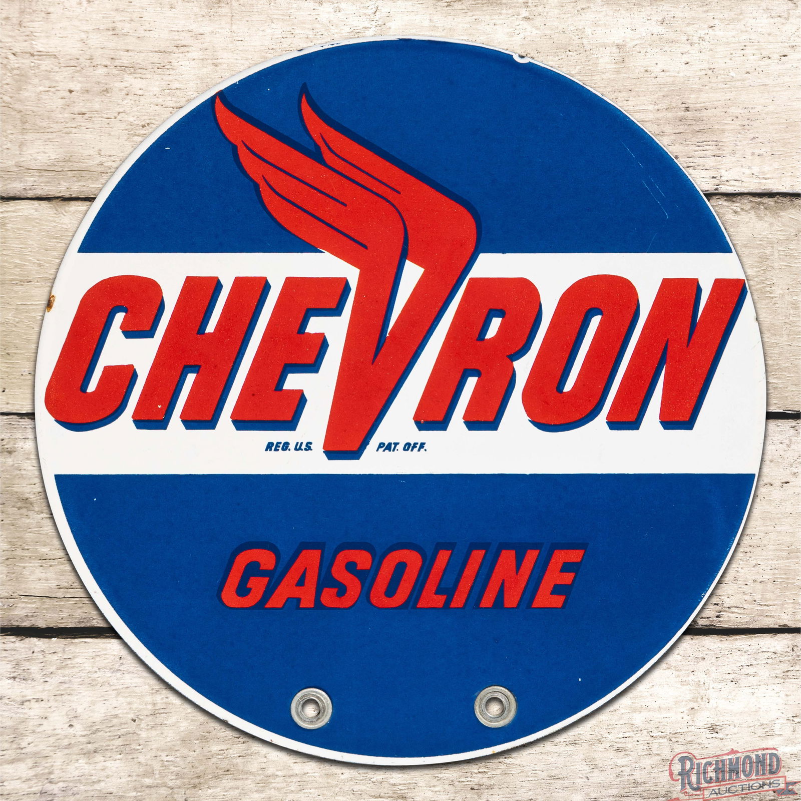 Scarce Chevron Gasoline 12" Double Sided Porcelain Gas Pump Globe Sign w/ Winged "V" Logo: DSP (Double Sided Porcelain) sign has excellent color and gloss. Side #1 has a clean field with minor surface imperfections in the outer fields. The perimeter has tiny edge chips present. The reverse