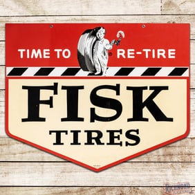 1954 Fisk Tires "Time to Re-Tire" Die Cut Double Sided Tin Sign w/ Fisk Boy