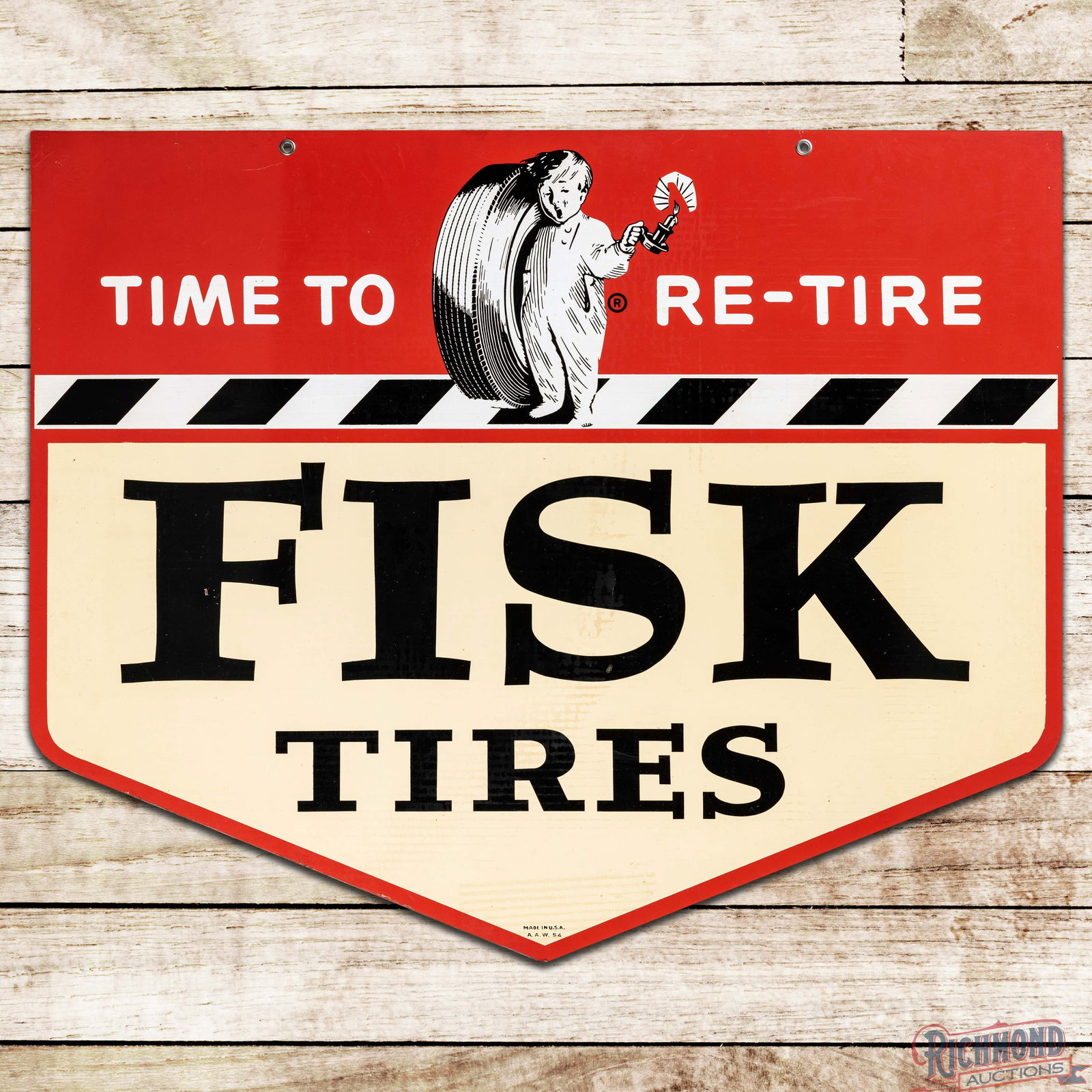 1954 Fisk Tires "Time to Re-Tire" Die Cut Double Sided Tin Sign w/ Fisk Boy: DST (Double Sided Tin) die cut sign has excellent color and shine. Side #1 has light wear and faint paper marks in the fields with scuffs and fine scratches in the outer fields. The perimeter has pain
