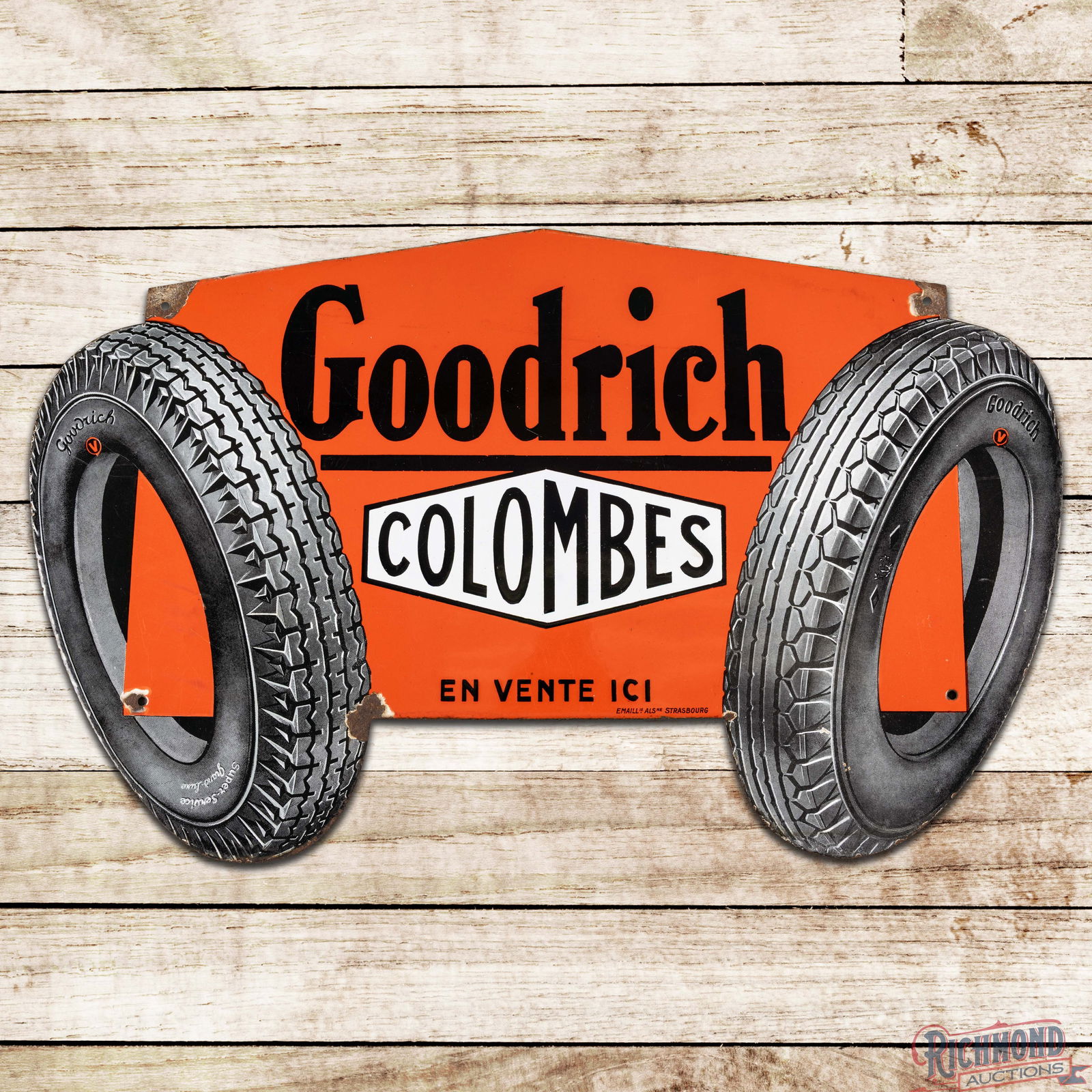 Goodrich Colombes Tires Die Cut Single Sided Porcelain Sign: SSP (Single Sided Porcelain) die cut sign has excellent color and gloss. The field is very clean overall with light surface wear and minor discoloration and tiny chips in the lower outer fields. The p