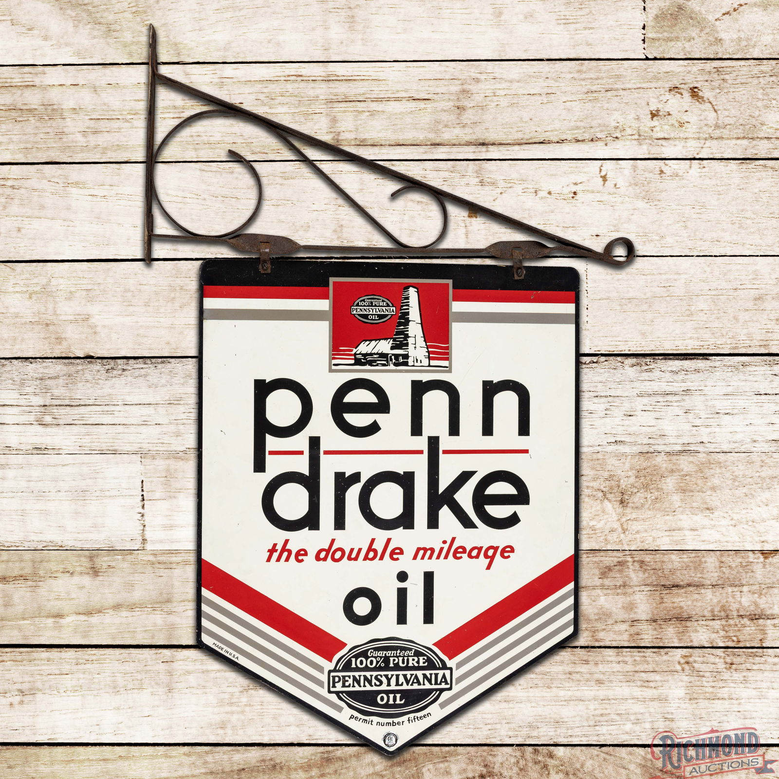 Iconic Penn Drake "The Double Mileage" Oil Double Sided Tin Die Cut Logo Sign w/ Hanger: DST (Double Sided Tin) sign with hanger has excellent color and shine. The display has light wear and tiny paint chips. The reverse is in a similar condition with additional paint chips in the outer f