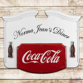 Coca Cola Norma Jean's Diner Colonial Single Sided Tin & Single Sided Porcelain Sign w/ Bottles