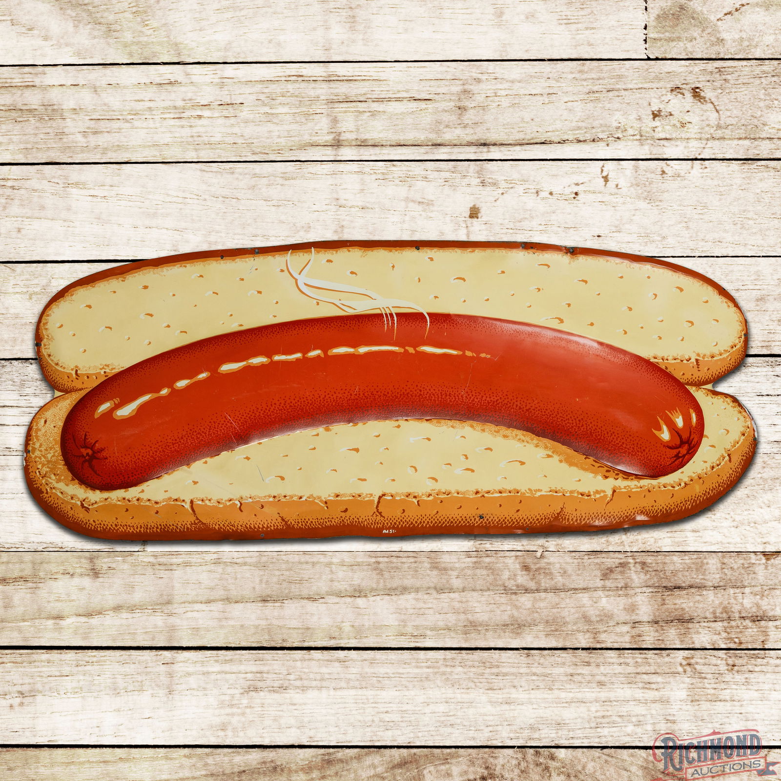 Coca Cola Hot Dog 5.5' Die Cut Emb. Single Sided Tin Sign: SST (Single Sided Tin) die cut embossed sign has excellent color and shine. The display has light wear with fine scratches. The perimeter has small added mounting holes with paint chips, minor edge be