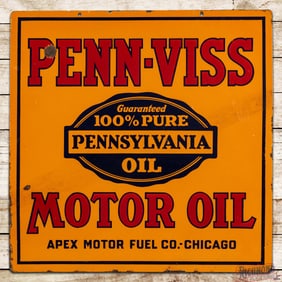 Penn-Viss Motor Oil Apex Motor Fuel Co. Chicago 100% Pure Pennsylvania DS Porcelain Sign w/ Logo