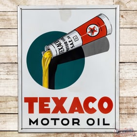 Texaco Motor Oil Single Sided Porcelain Sign w/ Pouring Cone Can