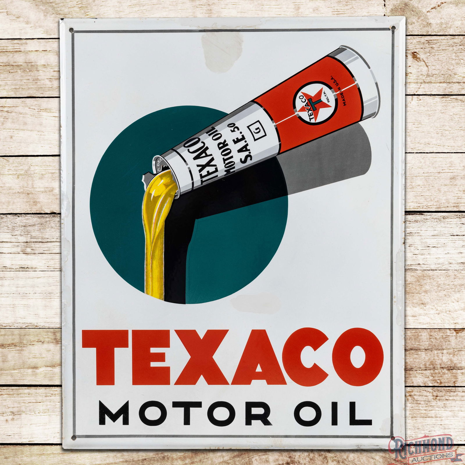 Texaco Motor Oil Single Sided Porcelain Sign w/ Pouring Cone Can: SSP (Single Sided Porcelain) self-framed sign has excellent color and gloss. The sign features a clean cone-shaped can with pouring oil graphic in the center field. The display has a color matched chi