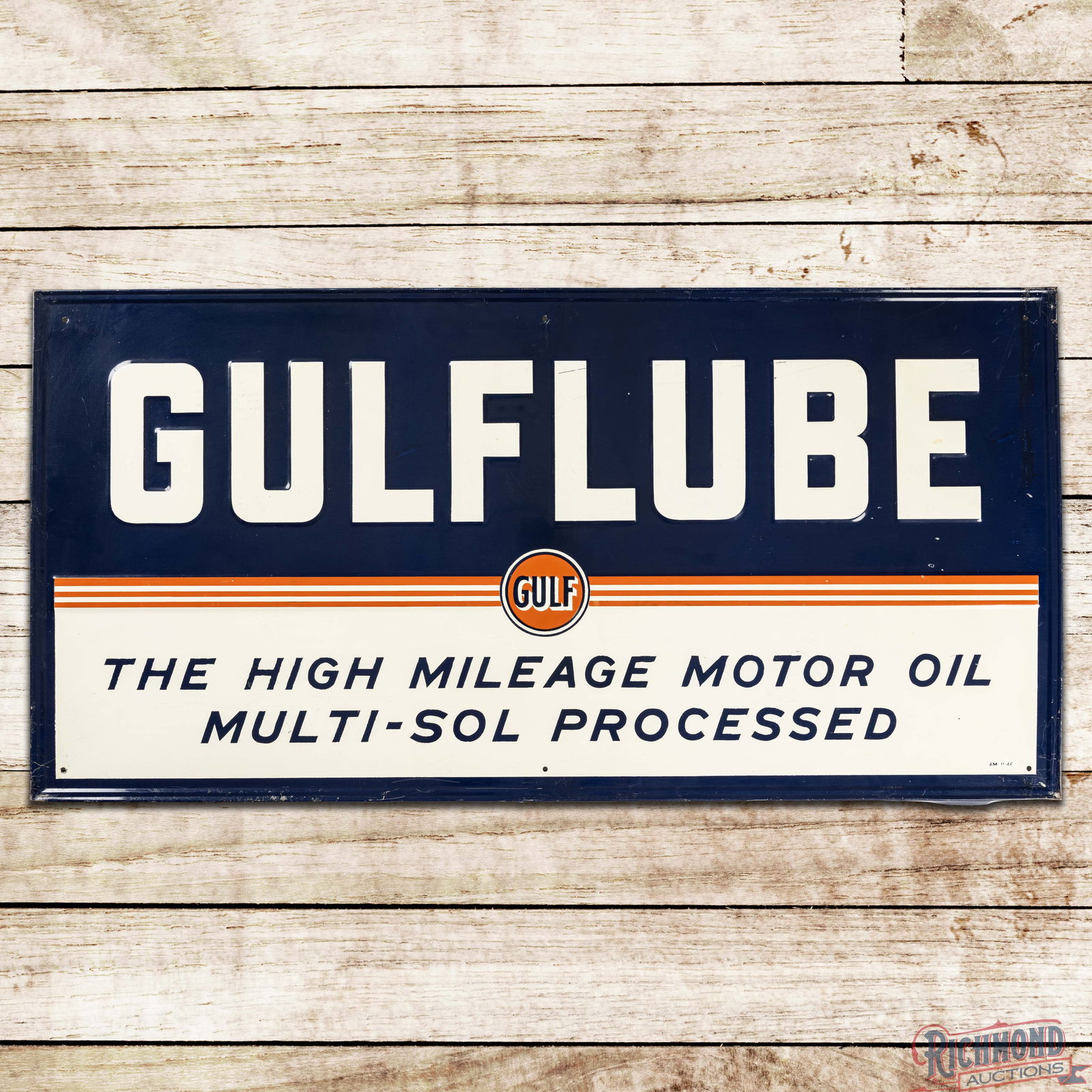 1946 Gulflube The High Mileage Motor Oil Multi-Sol Processed Emb. 4' Single Sided Tin Sign w/ Logo (1 of 3)
