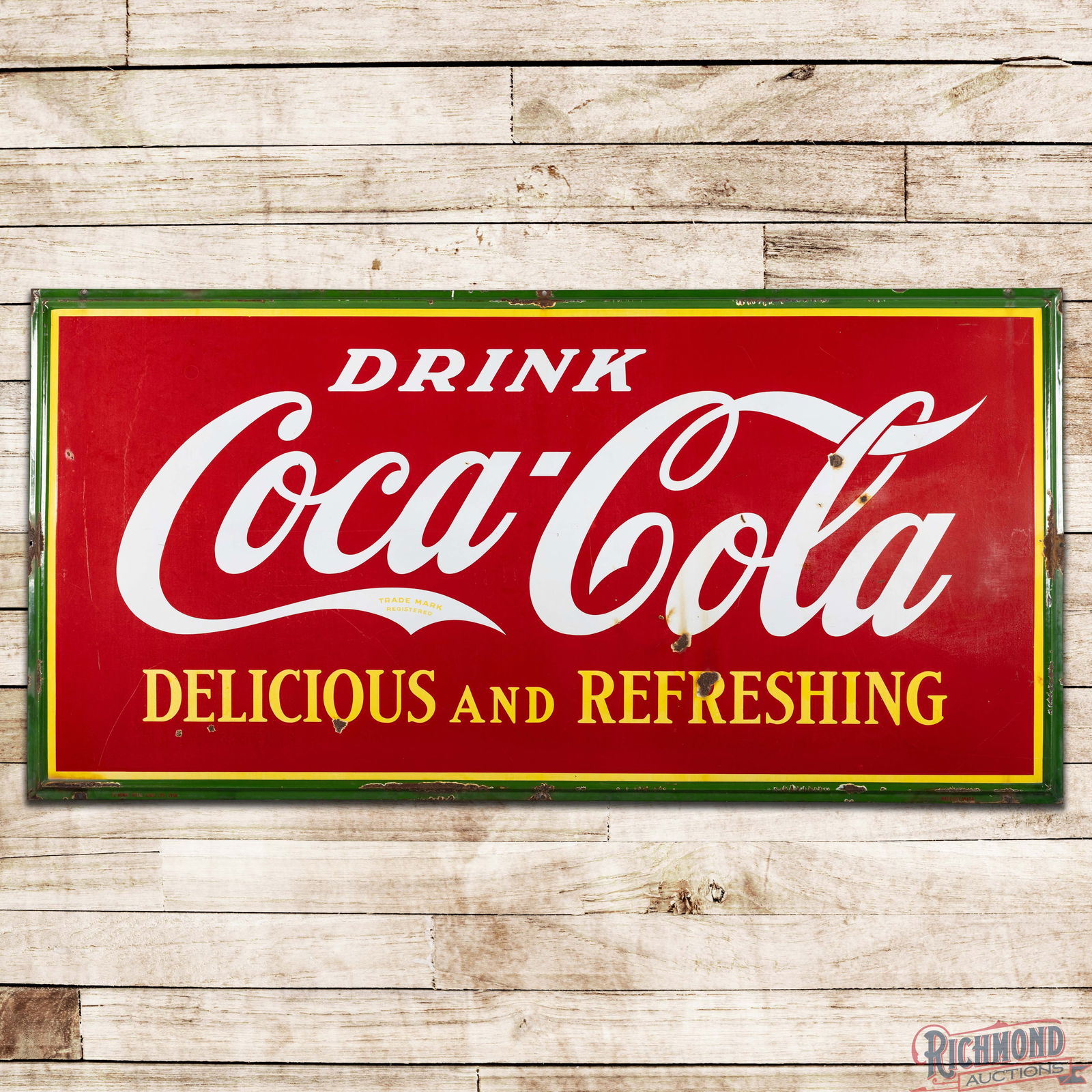 Drink Coca Cola Delicious and Refreshing 8' Single Sided Porcelain Sign: SSP (Single Sided Porcelain) self-framed Coke sign has very good color and gloss. The field has slight cloudiness to the red porcelain enamel with marks, chips and crazing in the right and lower field