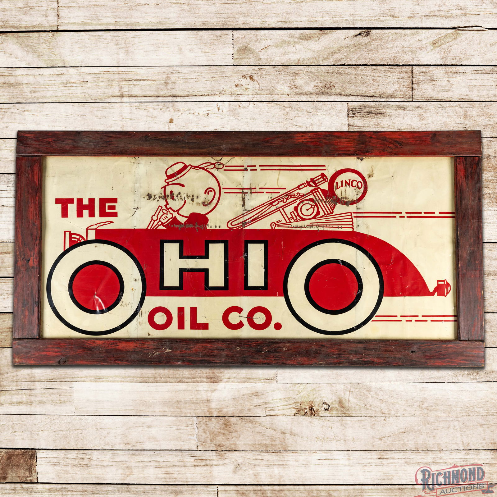 Rare The Ohio Oil Company Linco Single Sided Tin Sign w/ Gas Pump & Early Automobile: SST (Single Sided Tin) sign with an added wooden frame has good color and shine. The sign dates to the late 1920s era and features a large graphic of the Linco attendant driving a roadster with a