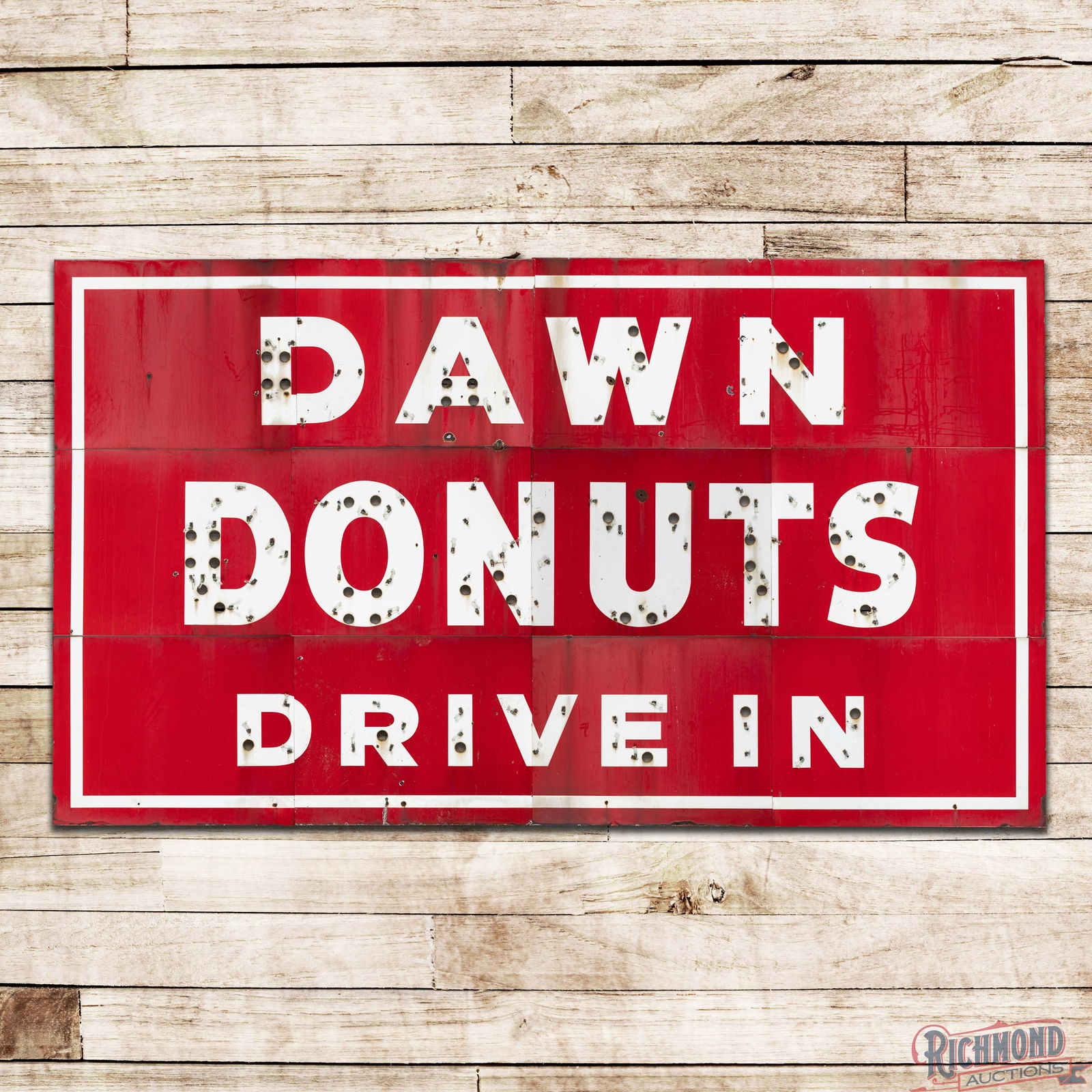 Dawn Donuts Drive In Single Sided Porcelain Factory Neon Sign Skin: SSP (Single Sided Porcelain) multi-piece factory neon sign skins have very good color and gloss. The skins display well with chips, non-factory holes and areas of discoloration in the fields. The peri