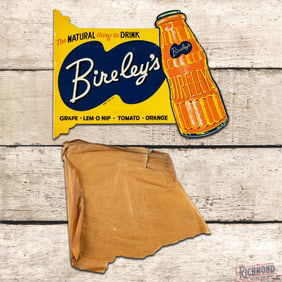 NOS Bireley's "The Natural Thing to Drink" Double Sided Tin Die Cut Flange Sign w/ Bottle & Paper