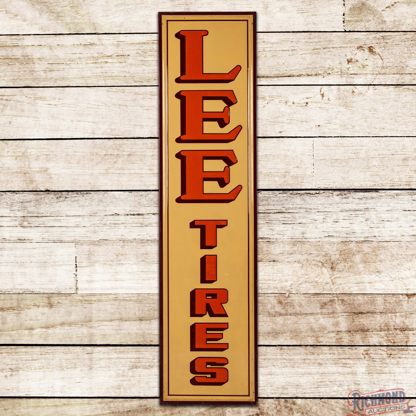 Impressive Lee Tires 6' Emb. Single Sided Tin Sign "Phillips 66": SST (Single Sided Tin) embossed self-framed sign with a factory wooden support frame has excellent color and shine. The fields are very clean overall with light wear and minor areas of discoloration