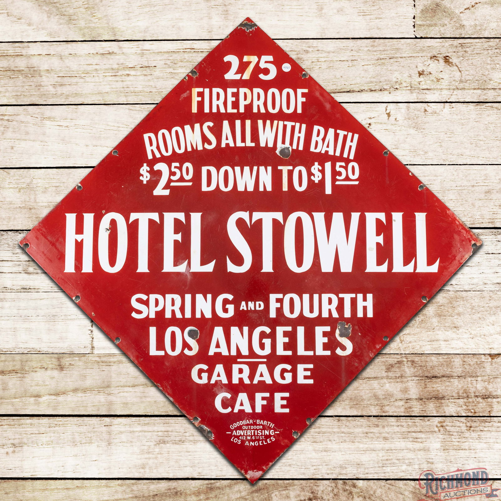 Hotel Stowell 275 Fireproof Rooms Los Angeles Garage Cafe 51" Single Sided Porcelain Sign: SSP (Single Sided Porcelain) die cut sign has good color and gloss. The sign dates to the 1930s era and advertises "Fireproof" rooms with baths at the Hotel Stowell. The design closely resembles the