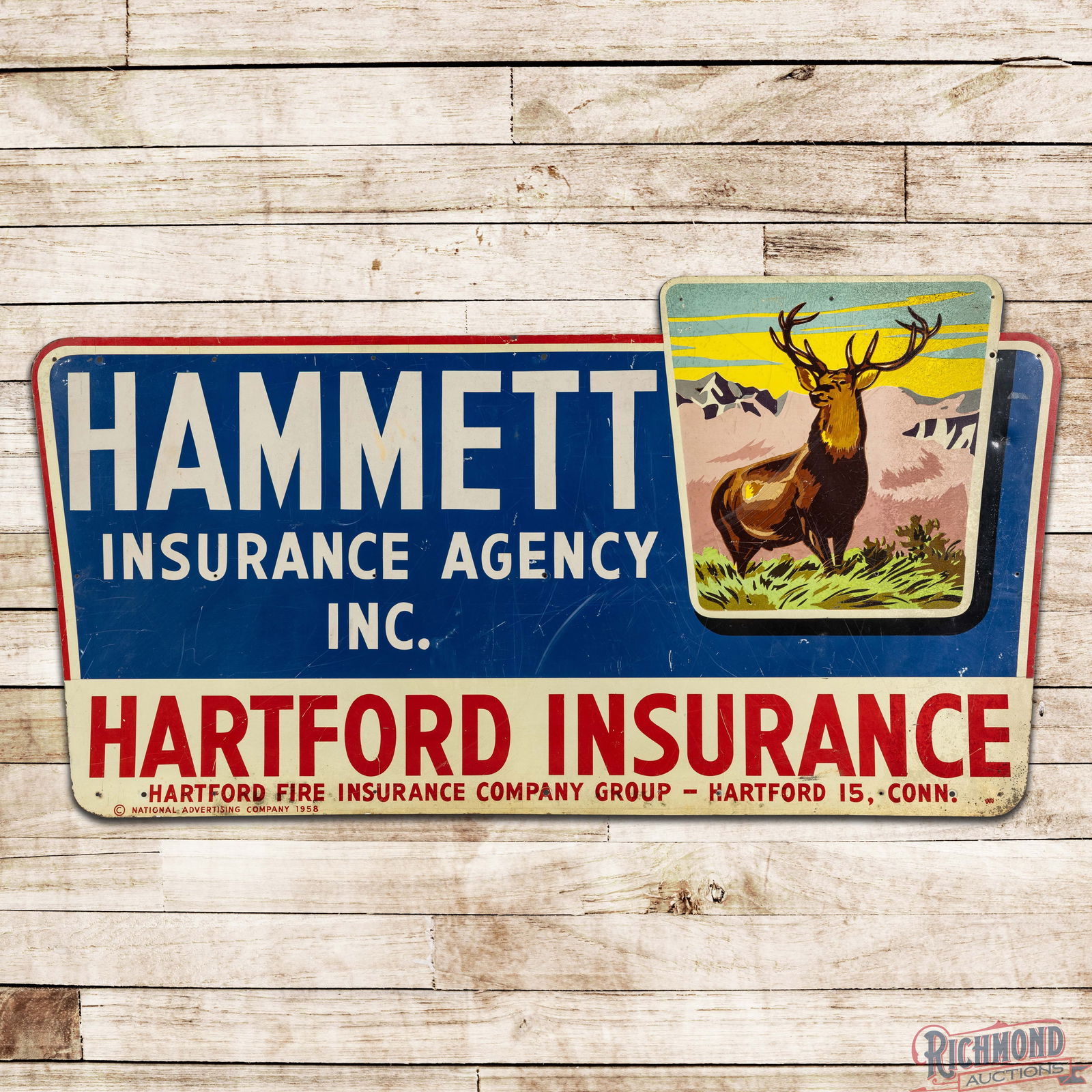 1958 Hartford Insurance Hammett Agency Single Sided Tin Die Cut Reflective Sign w/ Deer Logo (1 of 3)