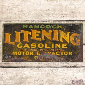 Rare Hancock Litening Gasoline Motor & Tractor Oil Emb. Single Sided Tin Sign