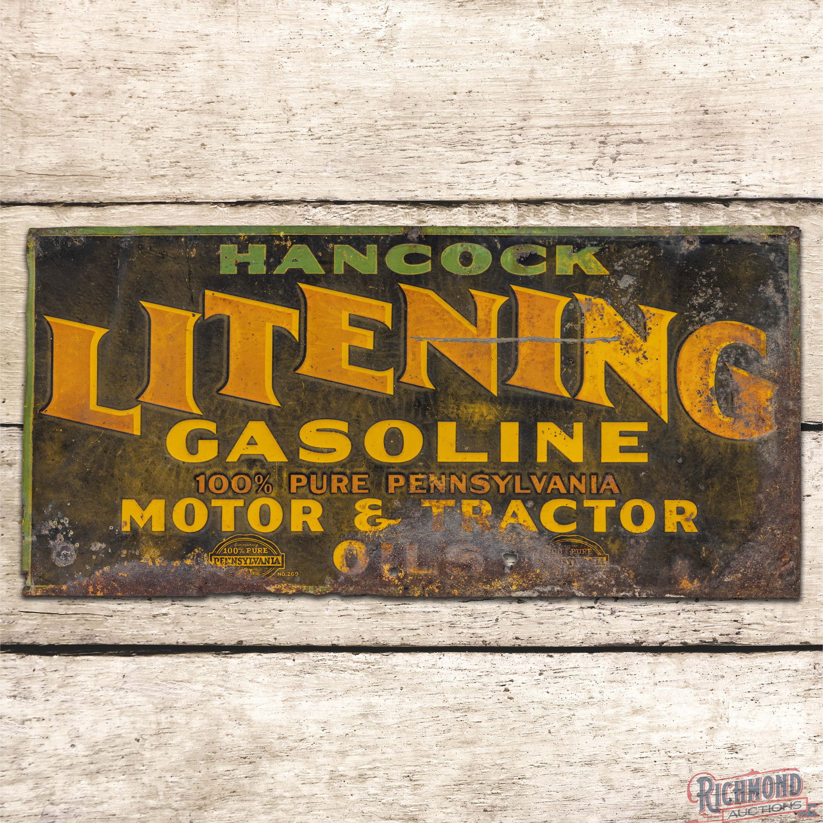 Rare Hancock Litening Gasoline Motor & Tractor Oil Emb. Single Sided Tin Sign (1 of 3)