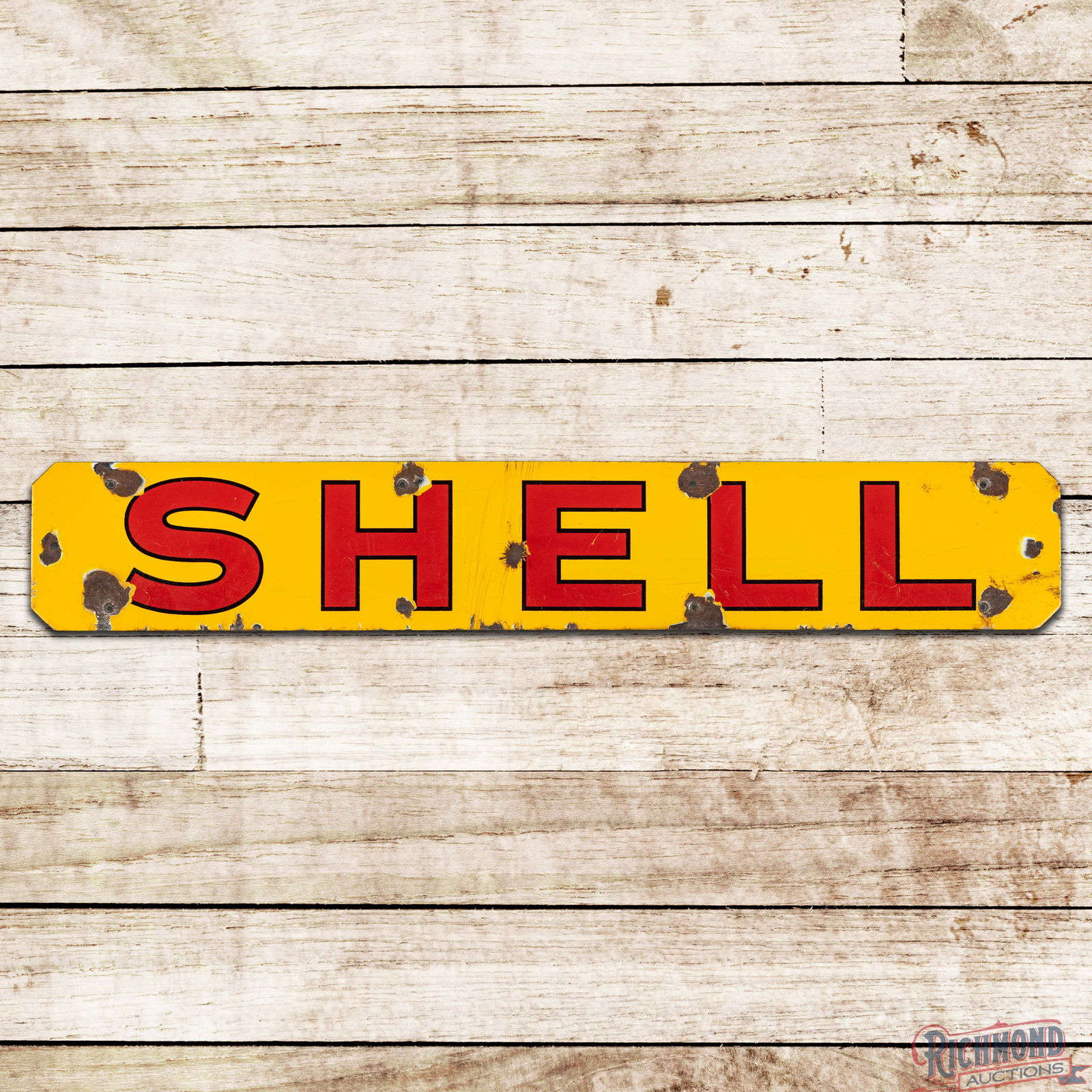 Shell Motor Oil 33" Single Sided Porcelain Tanker Truck Sign: SSP (Single Sided Porcelain) sign has very good color and gloss. The sign has chips with areas of crazing and discoloration along the perimeter. Overall a tough to find Shell truck sign featuring clas