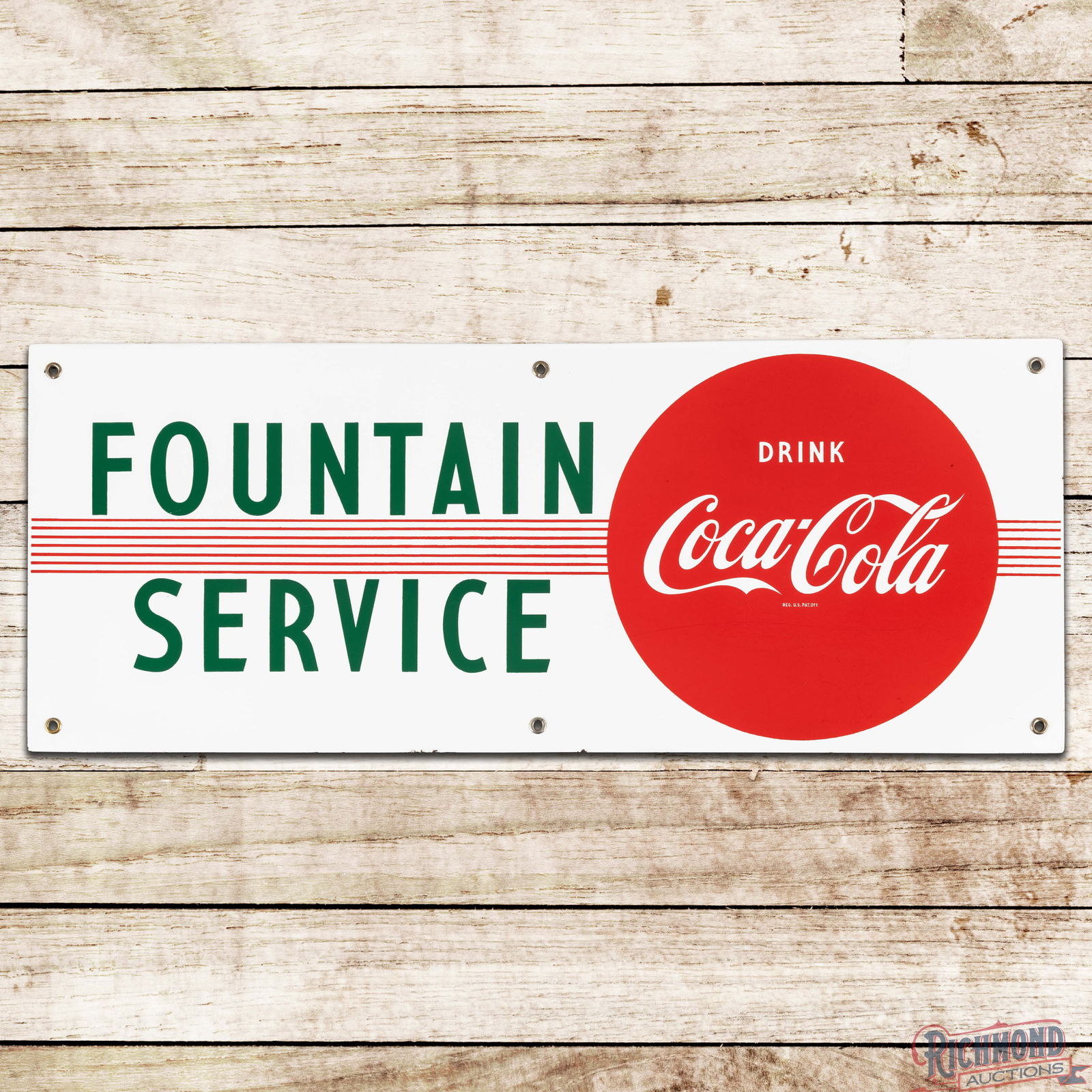 Fantastic Drink Coca Cola Fountain Service Single Sided Porcelain Sign: SSP (Single Sided Porcelain) Coke sign has outstanding color and gloss. The field is clean with minor imperfections in the logo. The perimeter has a tiny factory chip near the upper left mount hole, a