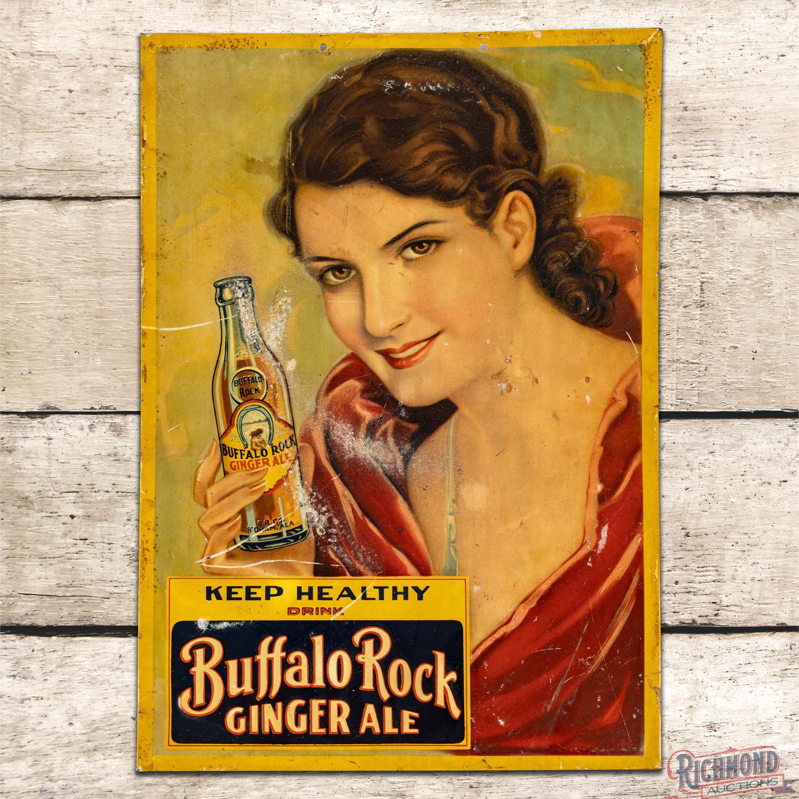 Keep Healthy Drink Buffalo Rock Ginger Ale Emb. Single Sided Tin Sign w/ Lady & Bottle (1 of 3)