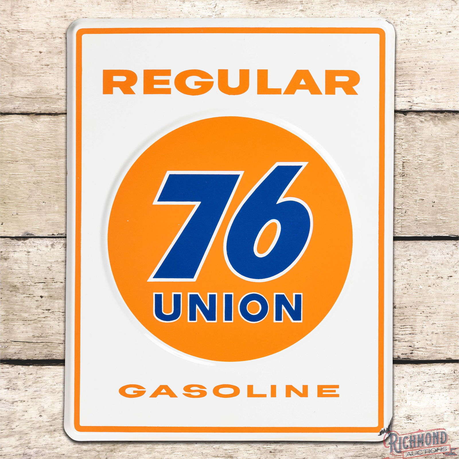 Superb Regular Union 76 Gasoline Emb. Single Sided Porcelain Pump Plate Sign w/ Logo (1 of 3)