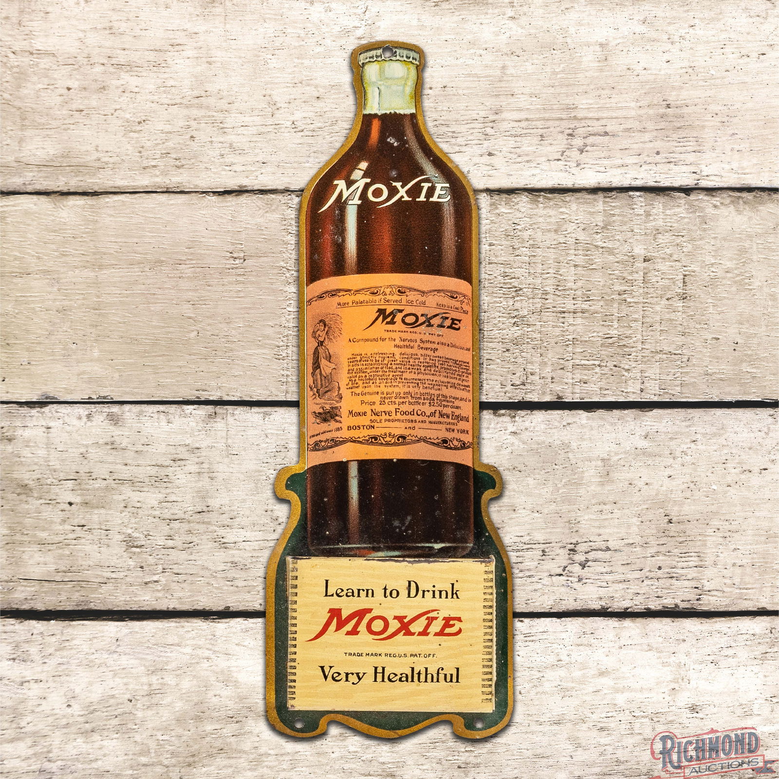 Learn to Drink Moxie "Very Healthful" Single Sided Tin Match Holder w/ Bottle (1 of 3)