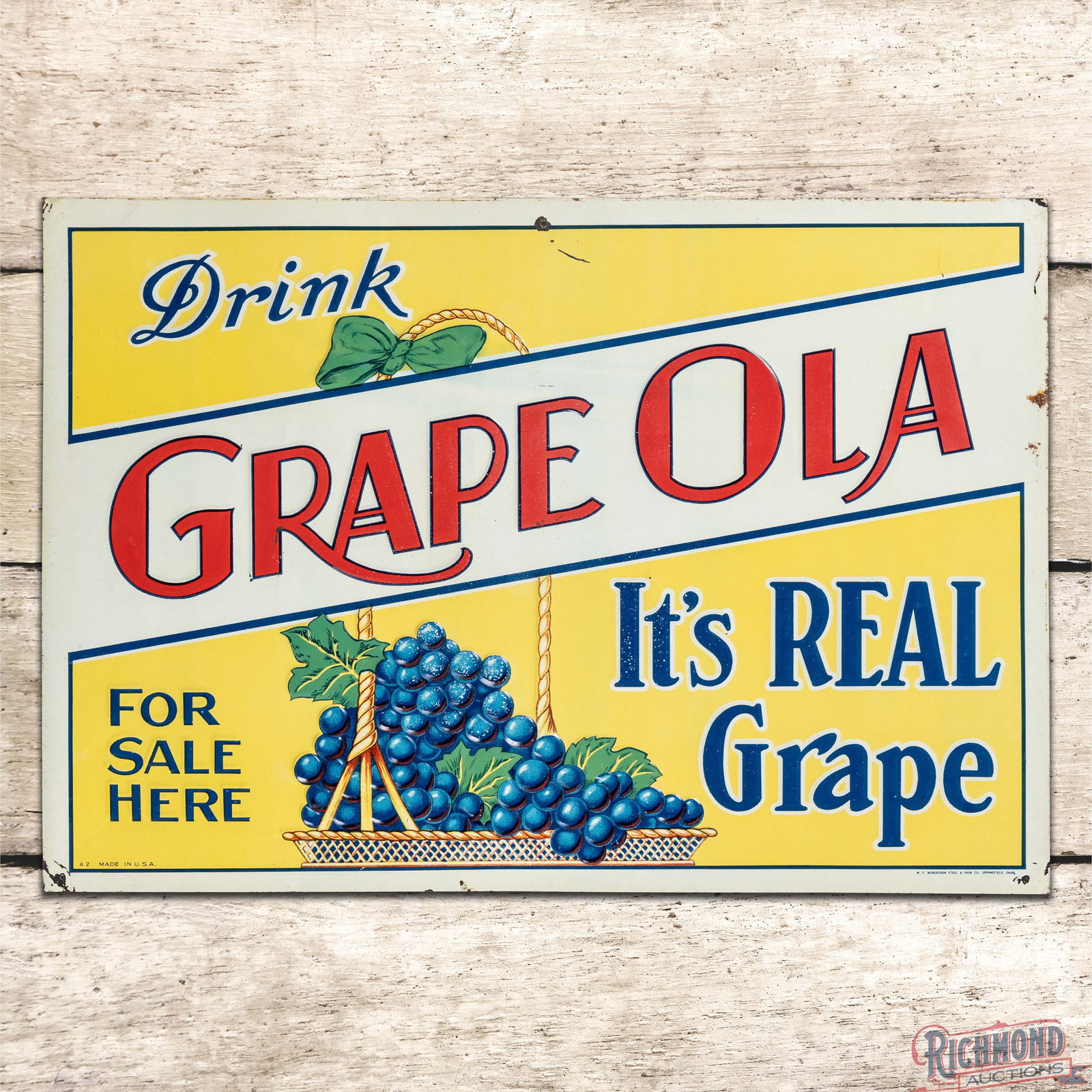 Drink Grape Ola "It's Real Grape" For Sale Here Emb. Single Sided Tin Sign (1 of 3)