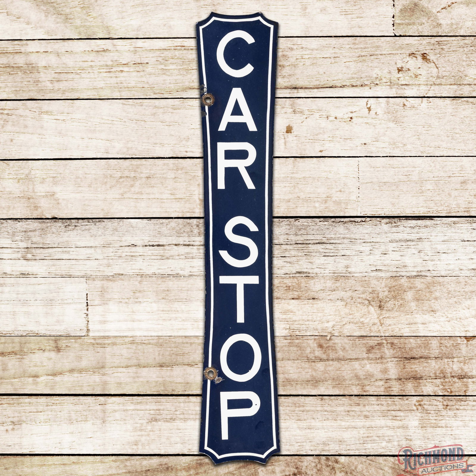 Car Stop Die Cut Vertical Double Sided Porcelain Sign: DSP (Double Sided Porcelain) sign has very good color and gloss. Side #1 is clean with chips near the outer mounting holes and edges. The reverse is in a similar condition. Both factory grommets are p
