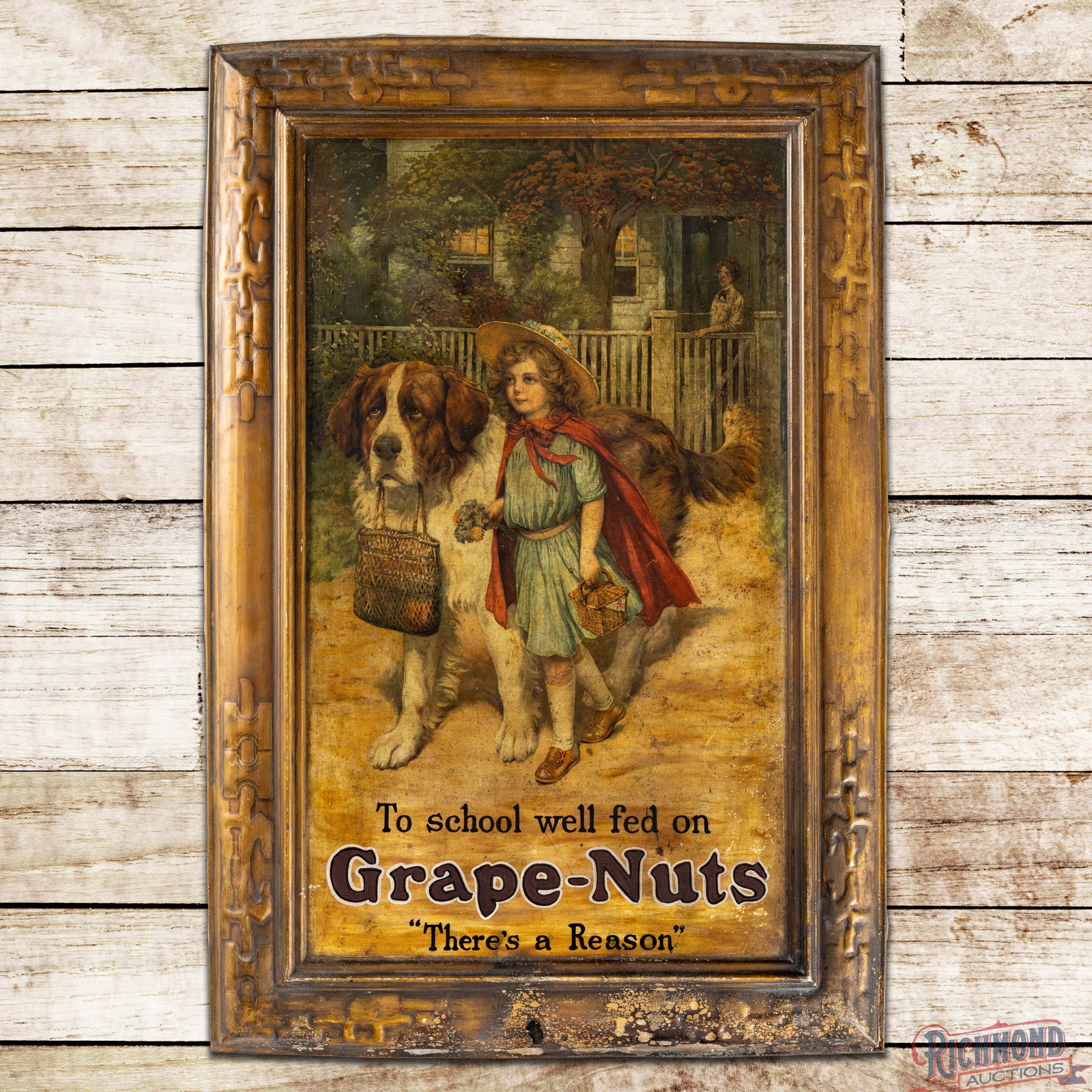 To School Well Fed on Grape Nuts "There's a Reason" Single Sided Tin Litho Sign: SST (Single Sided Tin) lithograph self-framed sign has good color and shine. The sign presents with toning throughout with areas of surface wear and imperfections. The lettering in the lower field has