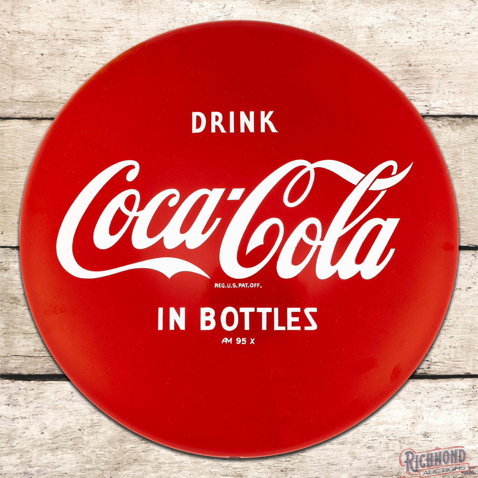 NOS Drink Coca Cola in Bottles 12" Single Sided Tin Button Sign w/ Paper: NOS (New Old Stock) Coke button sign with factory paper has day one color and shine. The fields are clean. The perimeter has a few tiny imperfections from storage. The sign is marked AM 95 X. Overall