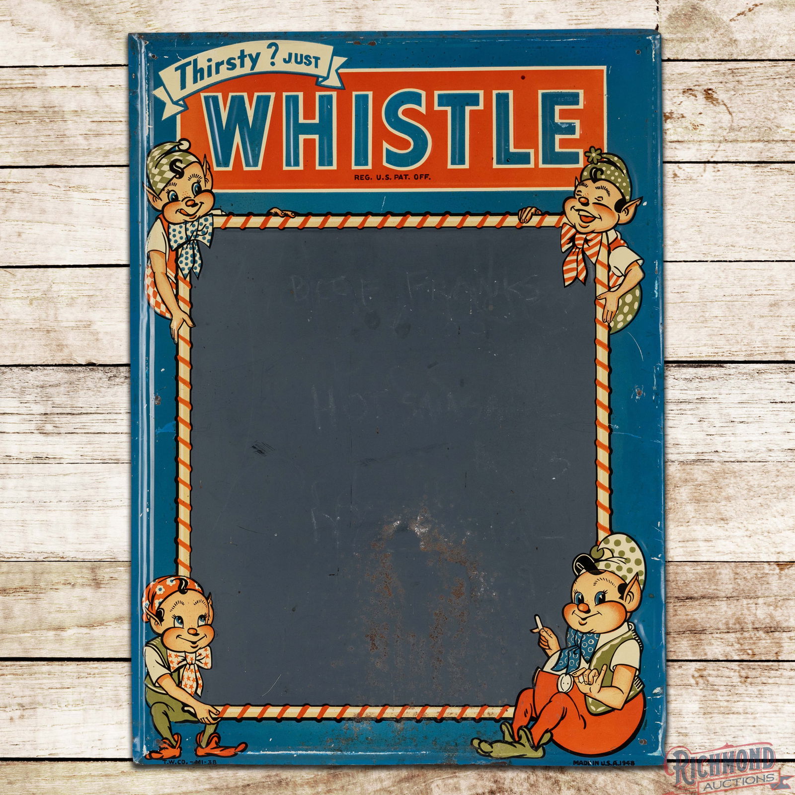 Thirsty? Just Whistle Emb. Single Sided Tin Menu Board Sign w/ Elves (1 of 3)