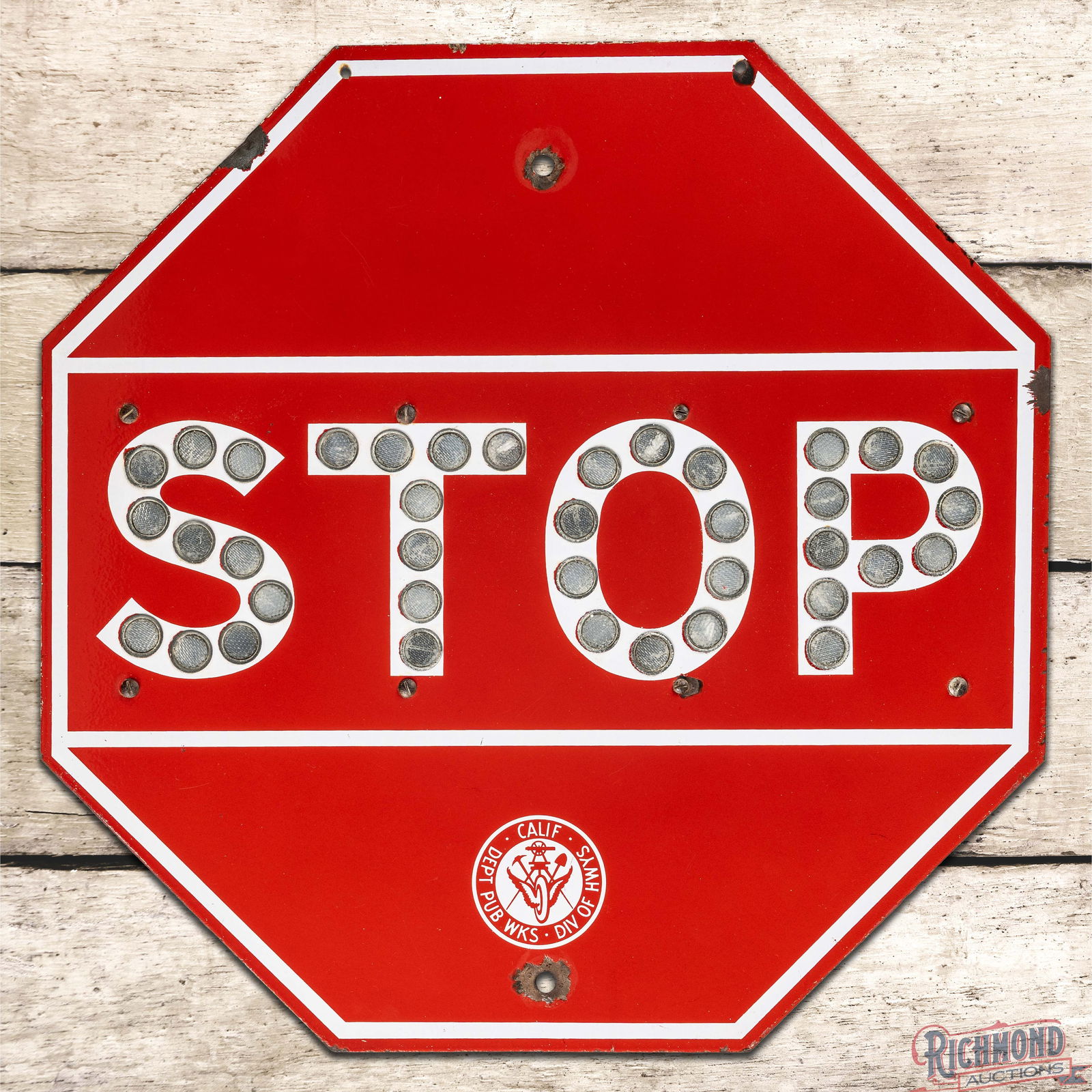 California Department of Public Works Division of Highways SS Porcelain Stop Sign w/ Reflectors (1 of 3)