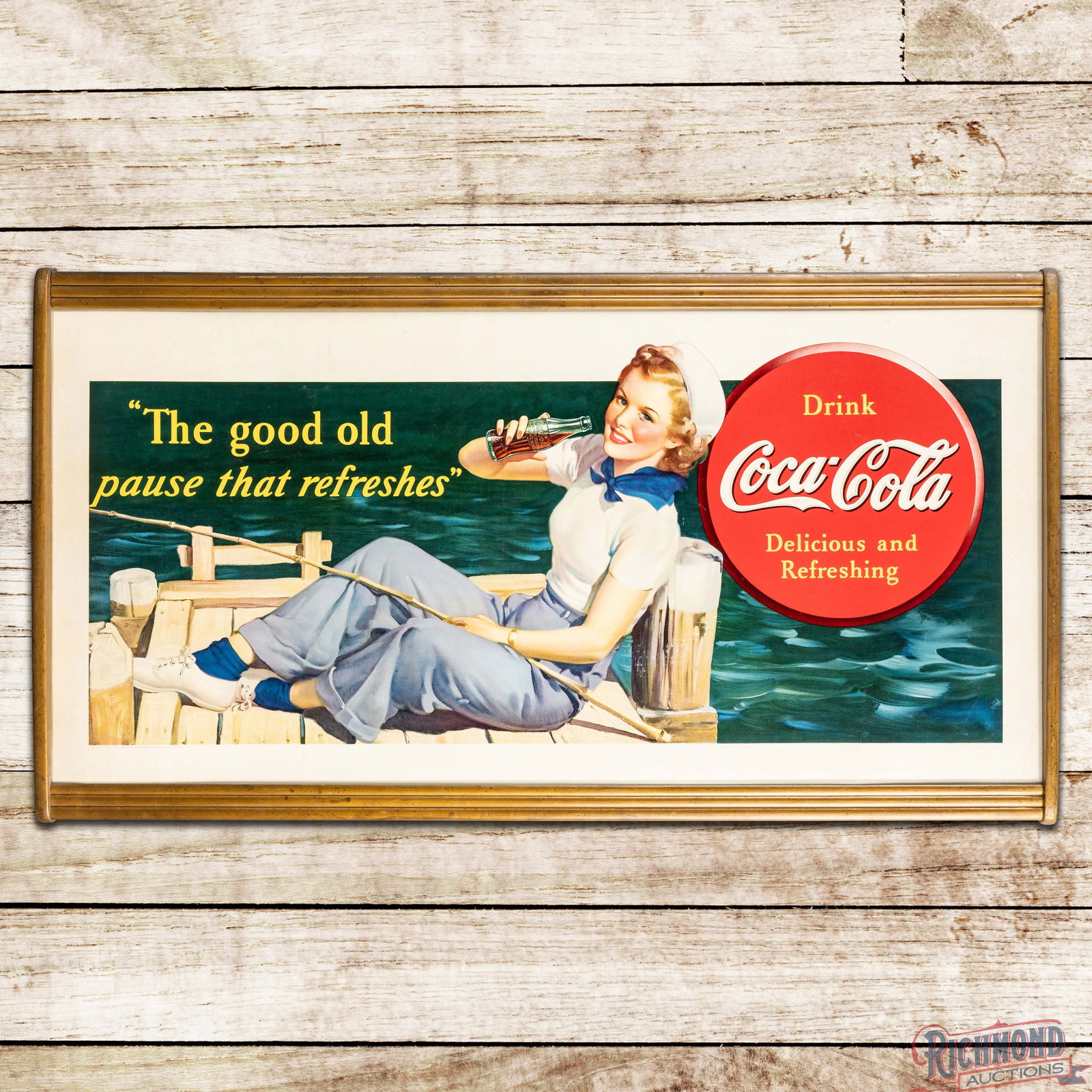 1940 Drink Coca Cola "The Good Old Pause That Refreshes" Framed Cardboard Sign w/ Lady Fishing (1 of 3)