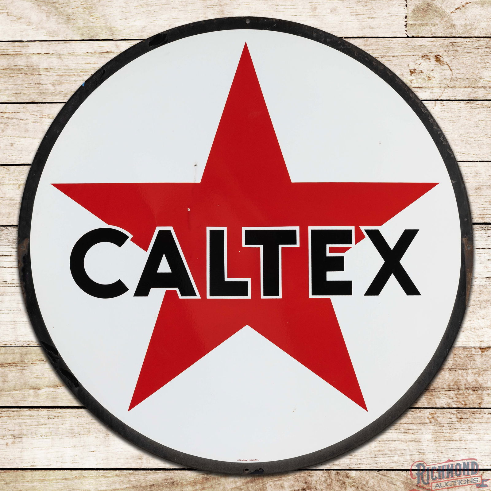 Caltex Gasoline 39" Double Sided Porcelain Sign w/ Star Logo: DSP (Double Sided Porcelain) sign has very good color and gloss. Side #1 has tiny chips with minor crazing in the left field. The perimeter has small chips and slight fading to the black outer border