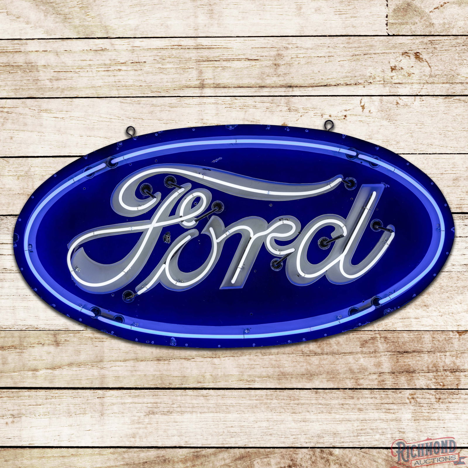 Scarce Ford Automobiles 6' Emb. Single Sided Porcelain Factory Neon Sign: Amazing SSP (Single Sided Porcelain) embossed factory neon sign with a new metal can has excellent color and gloss. The sign features heavily embossed lettering highlighted with white neon and a blue