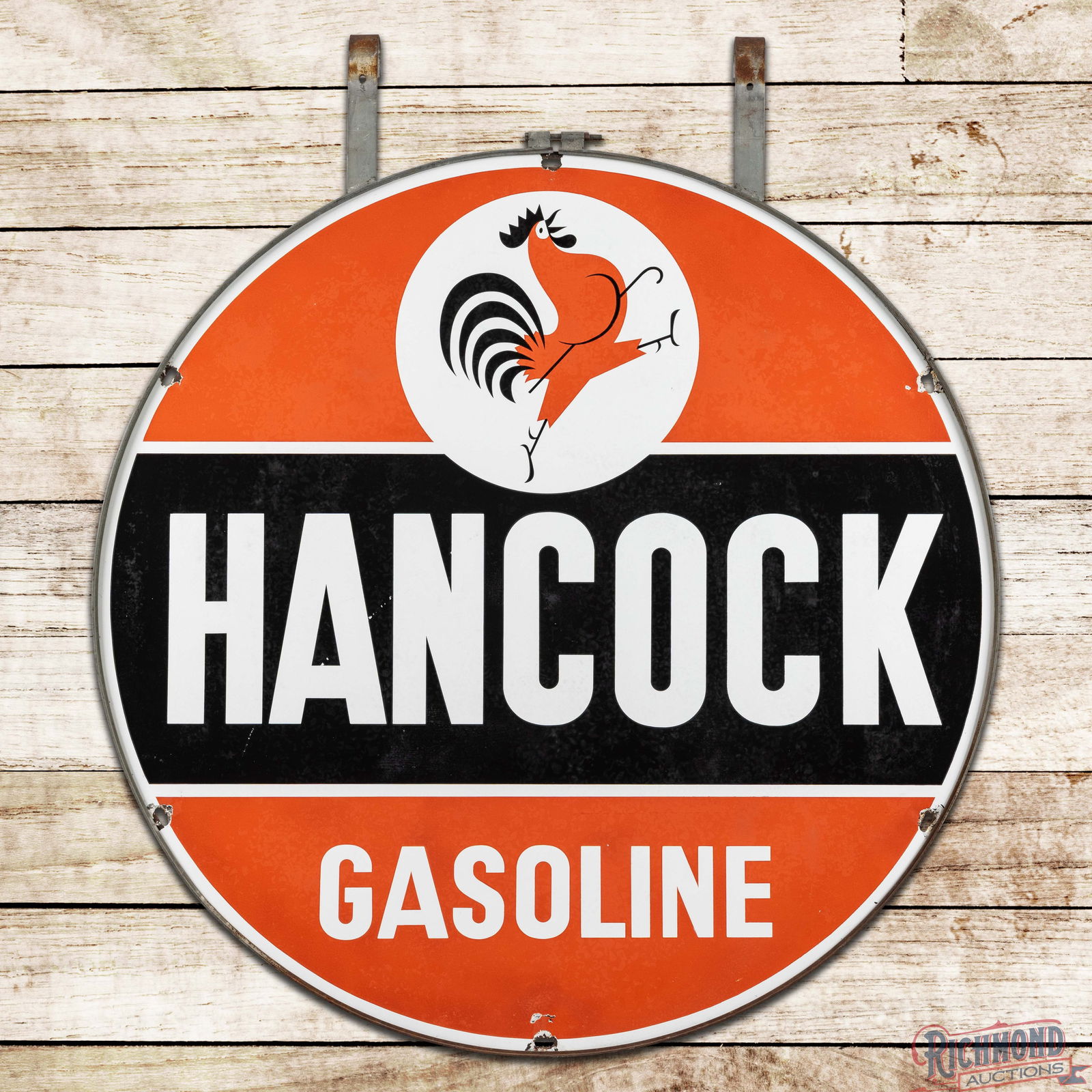 Hancock Gasoline 5' Double Sided Porcelain Sign w/ Ring & Rooster Logo: DSP (Double Sided Porcelain) sign has very good color and gloss. Side #1 has faint cloudiness throughout with tiny chips in the outer fields. The perimeter exhibits light wear with chips and a few sli