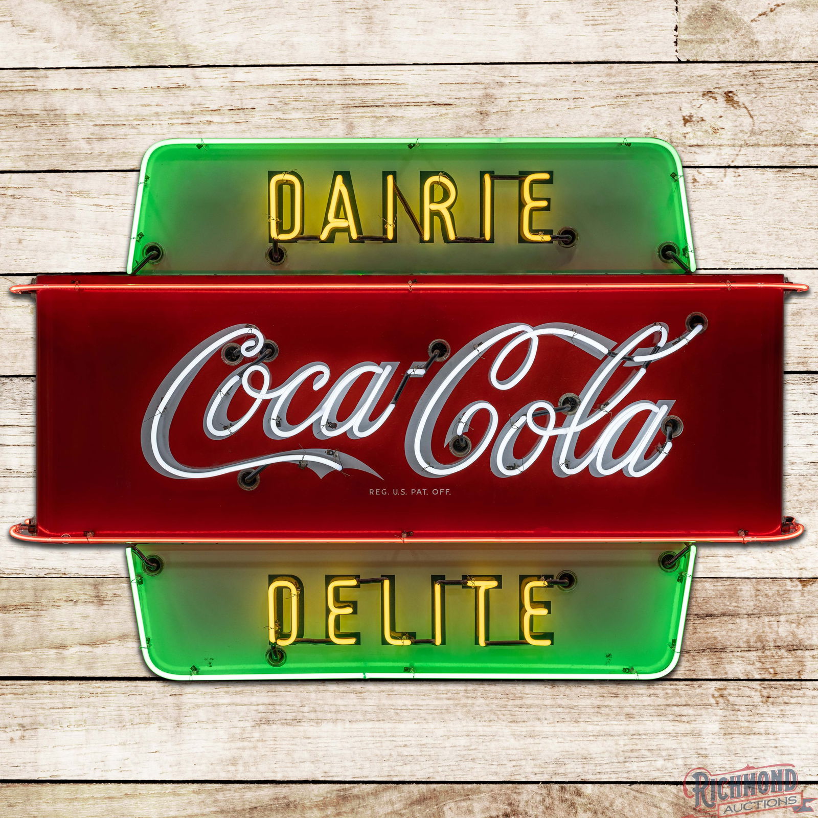 Coca Cola Dairie Delite 5.5' Double Sided Porcelain Factory Neon Sign: DSP (Double Sided Porcelain) multi-piece factory neon Coke sign with the original metal can with hangers has excellent color and gloss. The display field is exceptionally clean with light wear at the