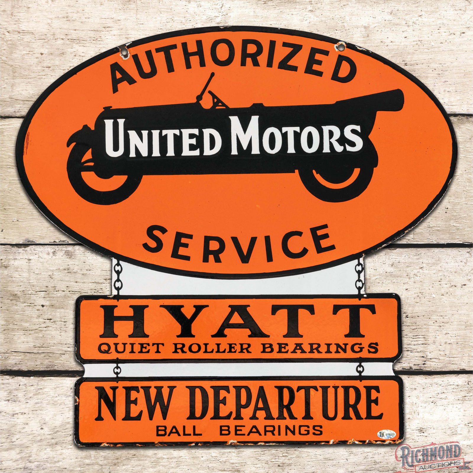Amazing United Motors Authorized Service Hyatt New Departure DS Porcelain Die Cut Sign (1 of 3)