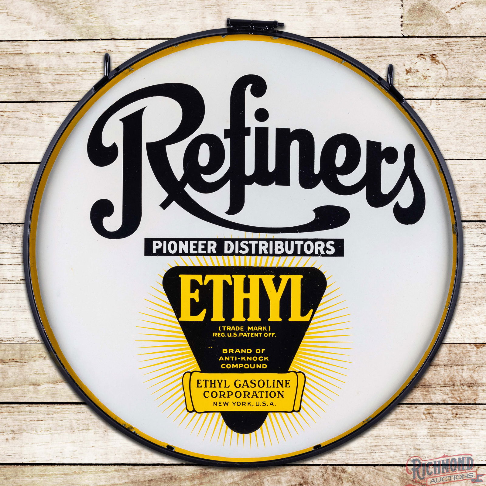 Refiners Pioneer Distributors Ethyl Gasoline 30" Double Sided Porcelain Logo Sign w/ Ring: DSP (Double Sided Porcelain) sign with ring has outstanding color and gloss. The display tiny factory imperfections in the fields with light surface wear and a small bruise near the upper left edge of