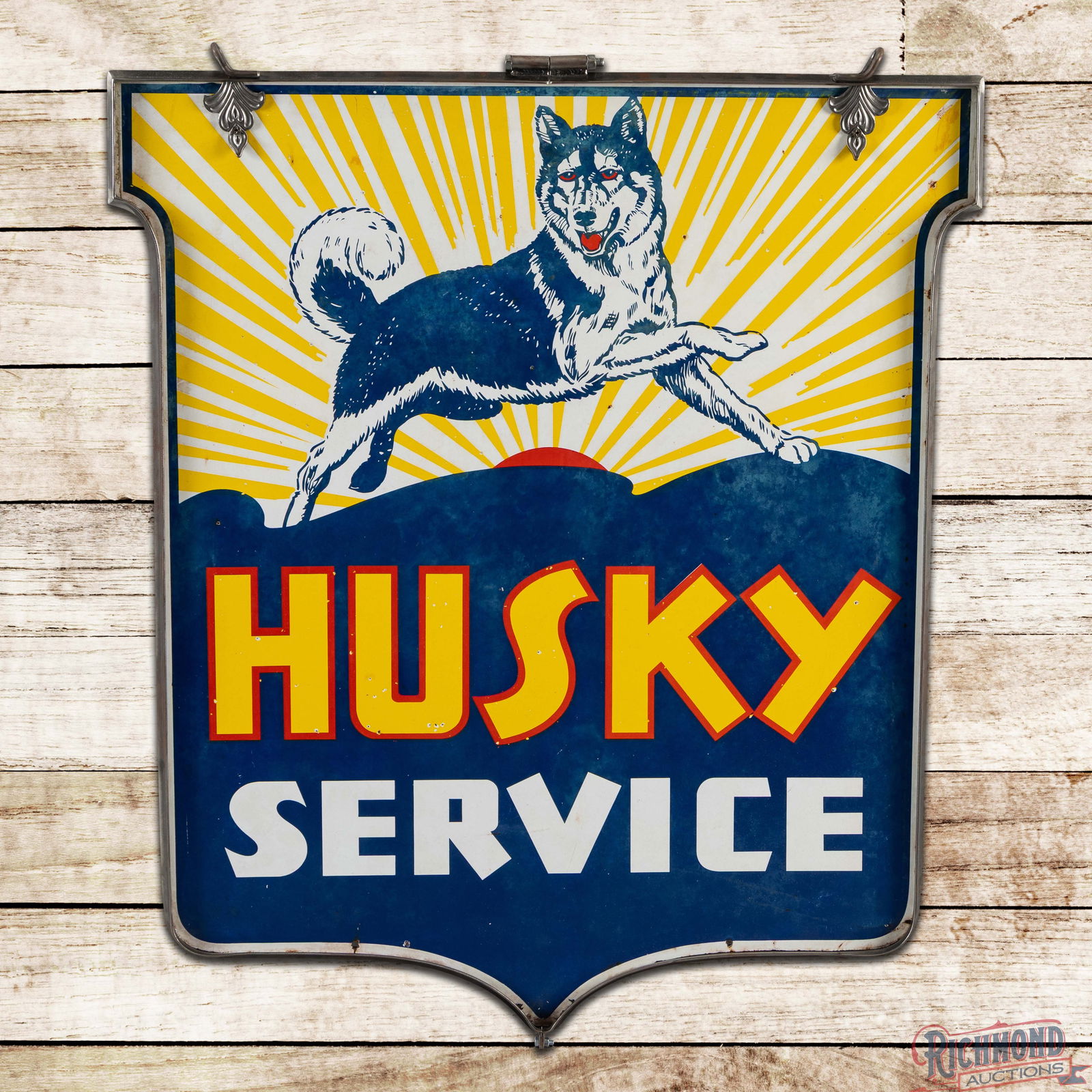 Husky Service 4' Double Sided Porcelain Die Cut Sign w/ Custom Ring & Dog: DSP (Double Sided Porcelain) die cut sign with custom hanging bracket has good color and gloss. The sign features impressive graphics of a leaping Husky with Northern Lights in the background. Side #1