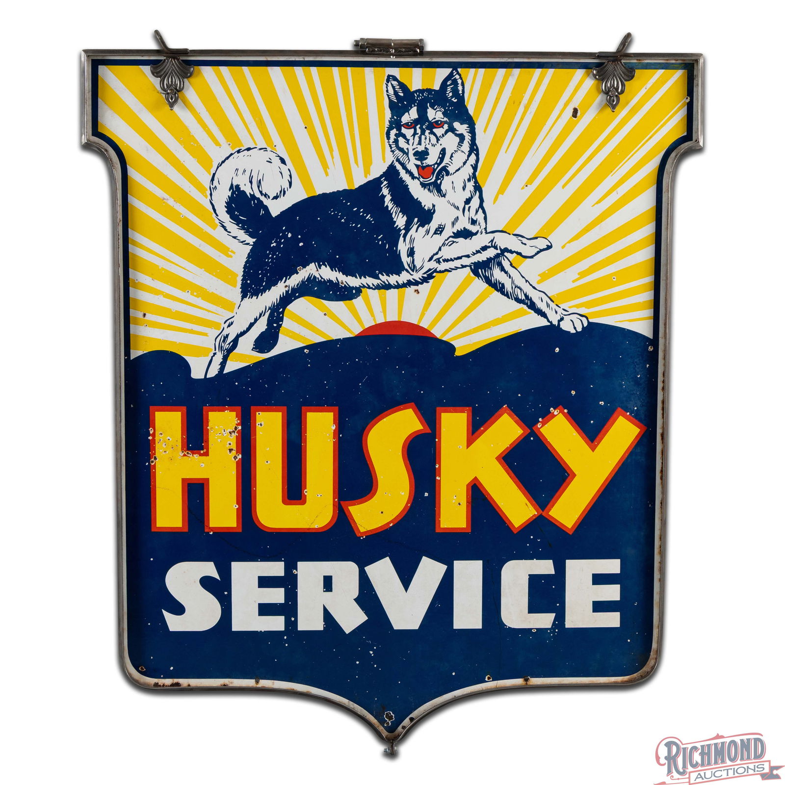 Husky Service 4' Double Sided Porcelain Die Cut Sign w/ Custom Ring & Dog - 3