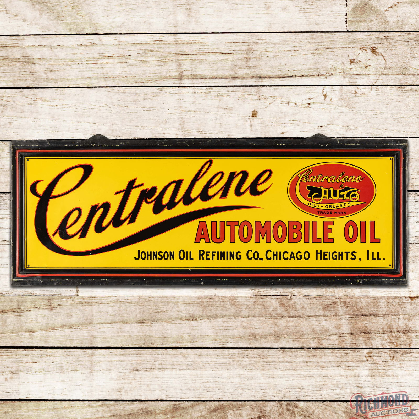 Scarce Johnson Oil Refining Centralene Automobile Oil Single Sided Tin Sign w/ Early Car: Scarce SST (Single Sided Tin) self-framed sign has excellent color and shine. The display exhibits vibrant color with stable, slightly crackled paint. The outer fields have light bends on the left