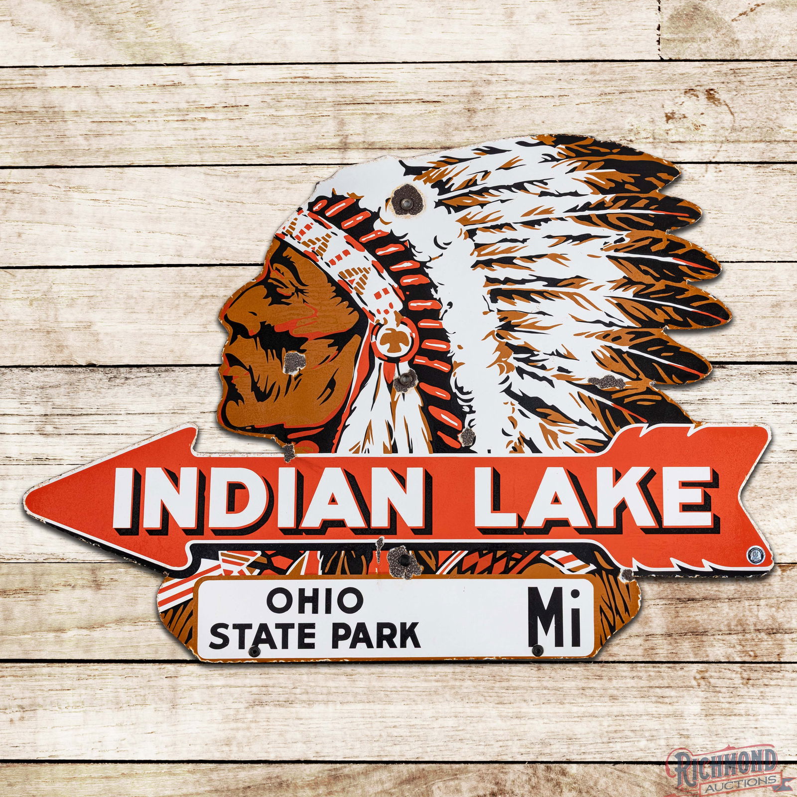 Amazing Indian Lake Ohio State Park Die Cut Single Sided Porcelain Sign w/ Native American & Arrow: SSP (Single Sided Porcelain) die cut sign has very good color and gloss. The sign features highly detailed Native American graphics with a directional arrow and a privilege mileage panel. The sign wou