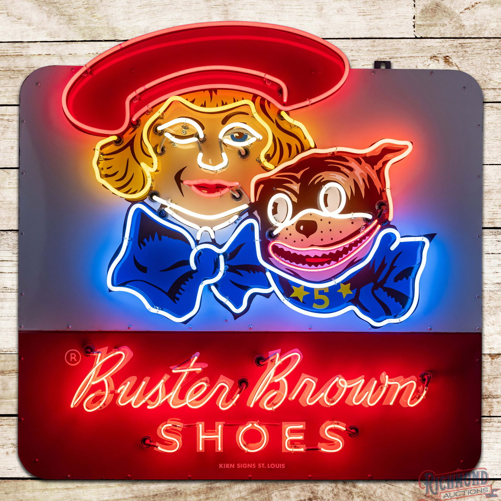 Iconic Buster Brown Shoes 4.5' Single Sided Porcelain Factory Neon Sign w/ Tige: SSP (Single Sided Porcelain) multi-piece factory neon sign with a metal can has excellent color and gloss. The sign features a large colorful graphic of Buster Brown and his dog Tige in the field with