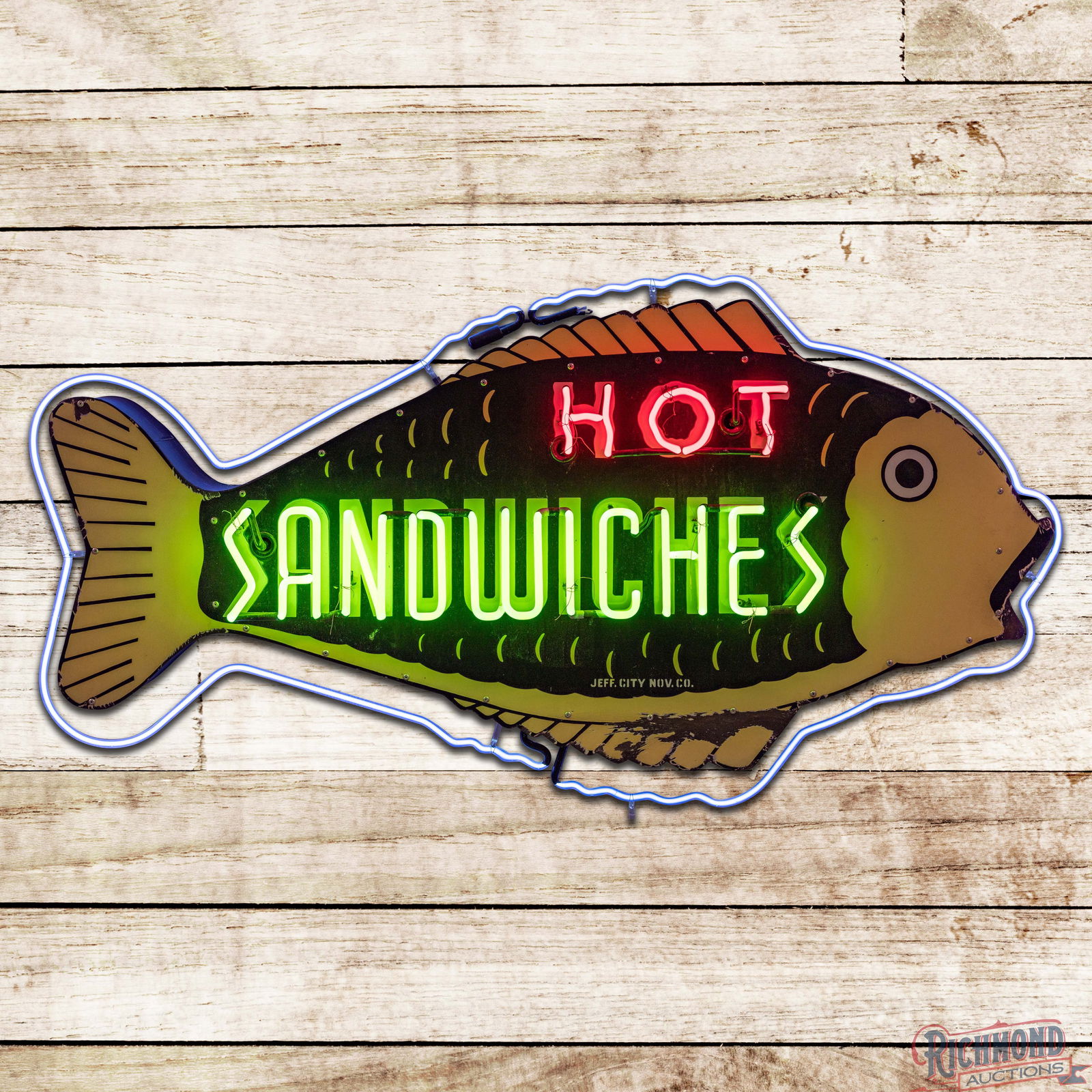 Exceptional Die Cut Single Sided Porcelain Factory Neon Hot Sandwiches Fish Sign: SSP (Single Sided Porcelain) die cut factory neon sign with a metal can has outstanding color and gloss. The sign features heavy shelving with three-color porcelain enamel and three-color neon. The fi