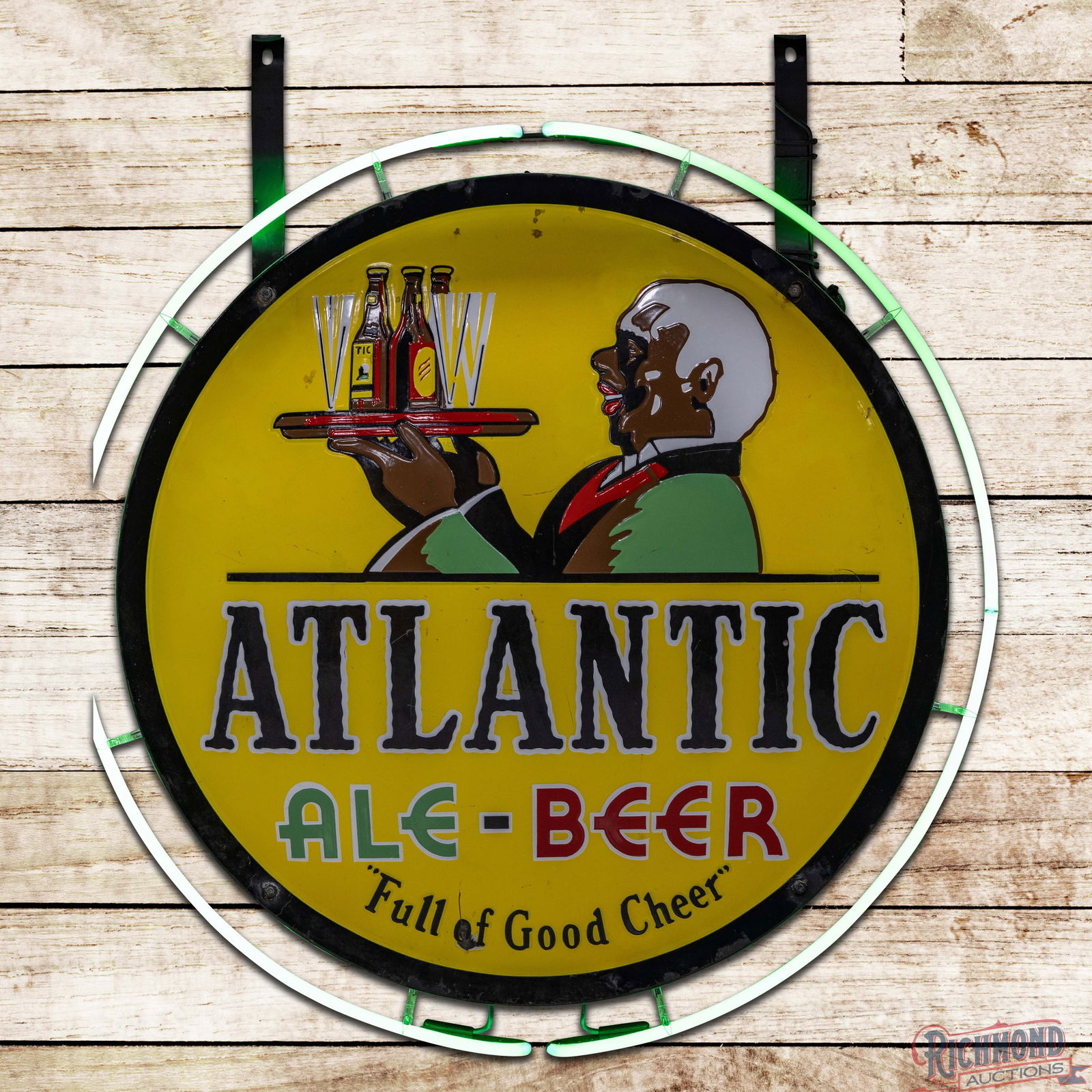 Fantastic Atlantic Ale Beer "Full of Good Cheer" 38" Double Sided Porcelain Factory Neon Sign: Scarce complete factory neon sign consists of two SSP (Single Sided Porcelain) convex signs mounted back to back on the original can with a neon surround. Side #1 exhibits light wear with fine scratch