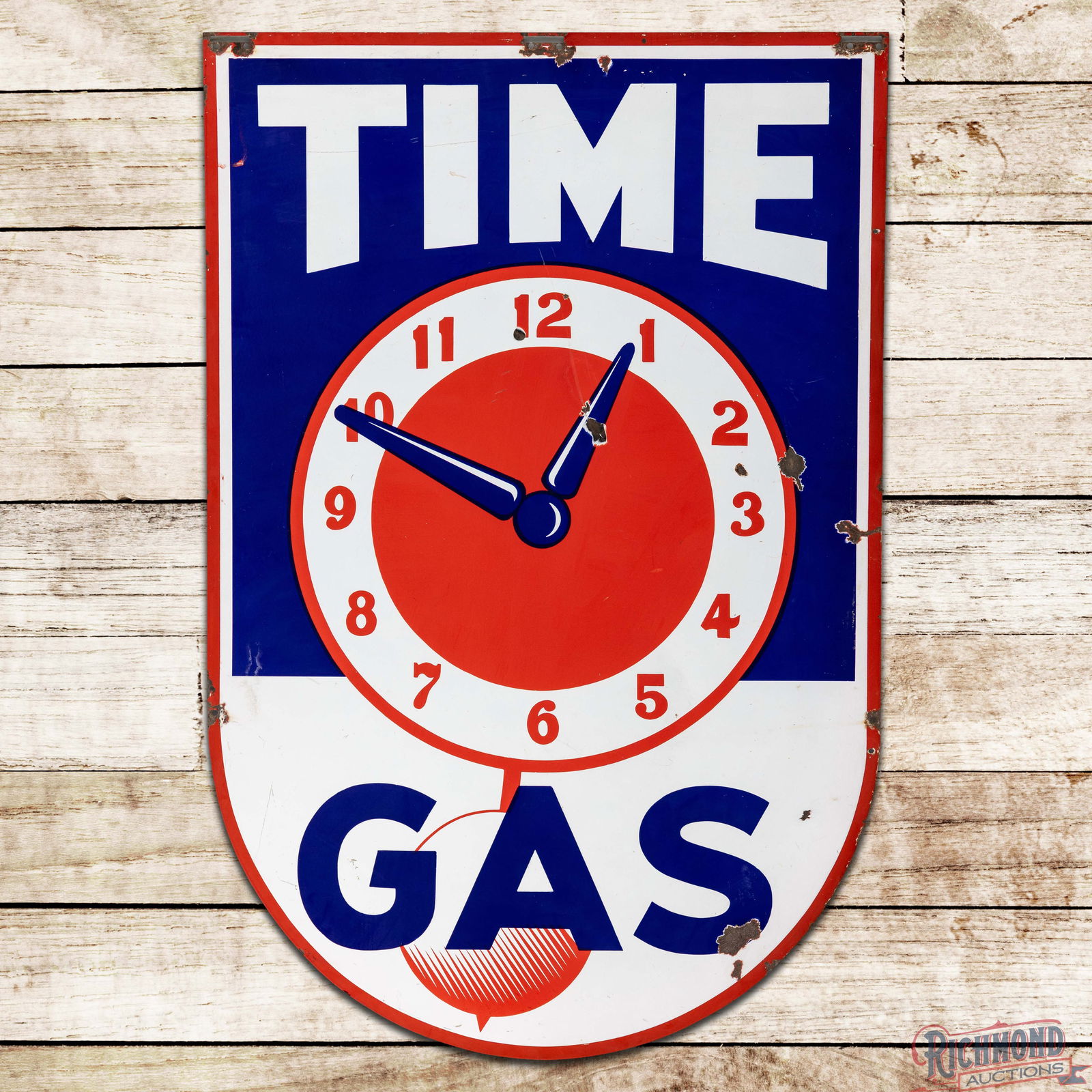 Rare Time Gas 6' Double Sided Porcelain Service Station ID Sign: DSP (Double Sided Porcelain) sign has excellent color and gloss. Side #1 exhibits color matched chips in the fields with a line bruise in the upper portion of the logo. The perimeter has added