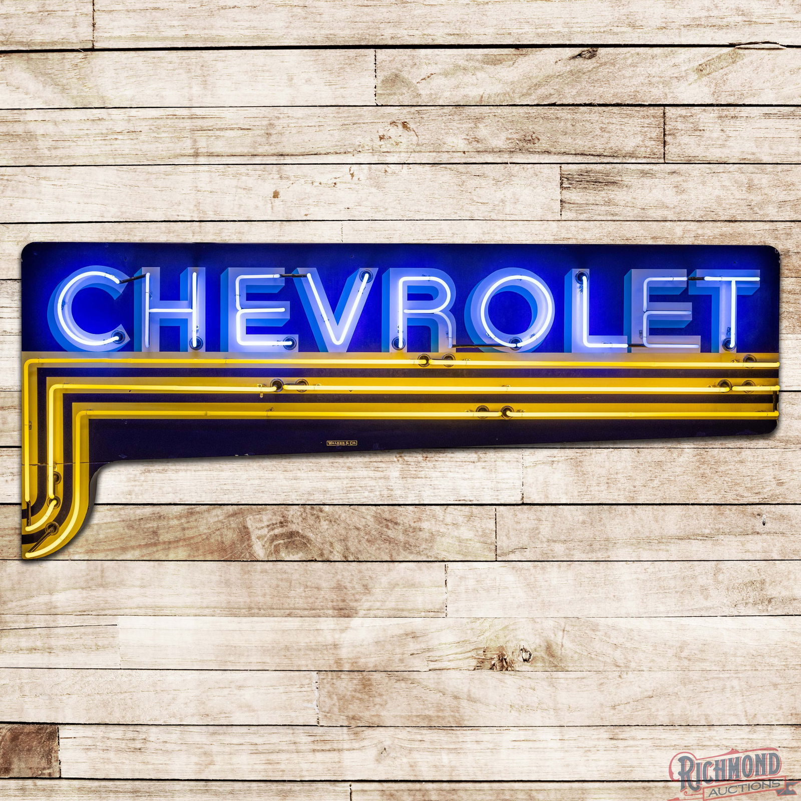 Chevrolet Die Cut 8' Single Sided Porcelain Factory Neon Sign w/ Horizontal Lines: SSP (Single Sided Porcelain) die cut factory neon sign with metal can has excellent color and gloss. The display features clean drop-shaded lettering with areas of slight discoloration in the yellow p
