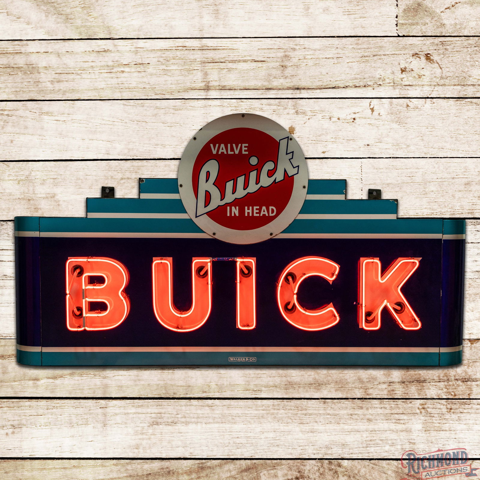 Fantastic Buick Valve in Head 6' Single Sided Porcelain Factory Neon Sign: SSP (Single Sided Porcelain) multi-piece factory neon sign with original metal can and bullnose has outstanding color and gloss. The field is in fantastic overall condition with minor surface imperfec